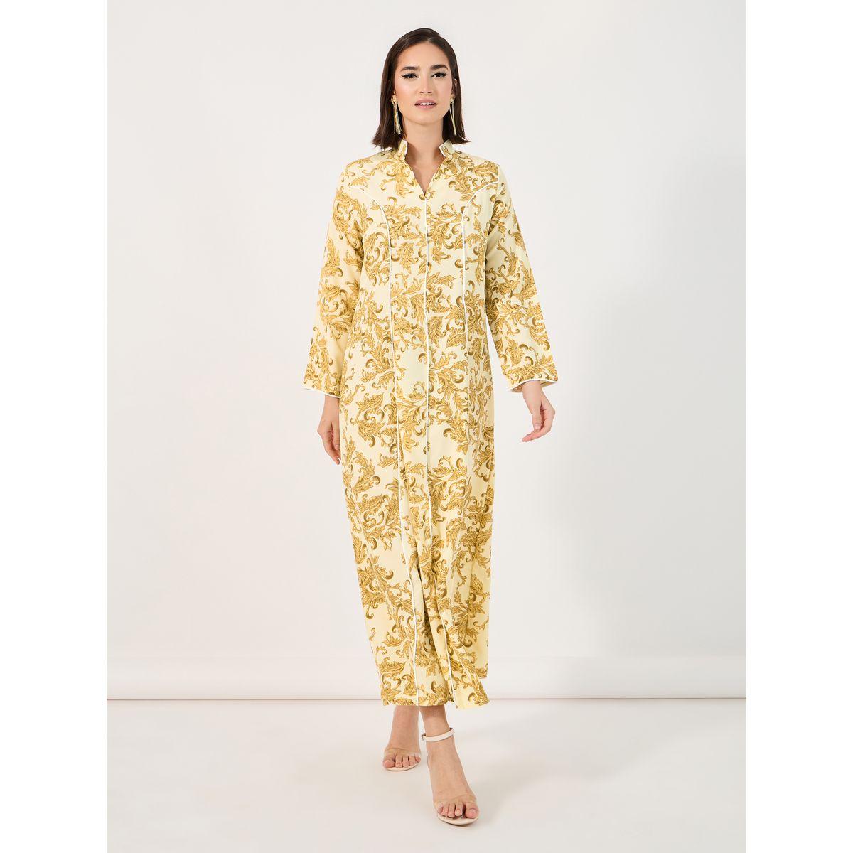 Styli Ornate Print Jalabiya with Piping Detail-women-arabicclothing-jalabiyas-image-5