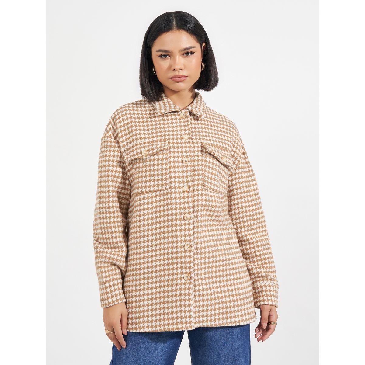 Styli Oversized Longline Houndstooth Shacket-women-winterwear-coatsandjackets-jackets-image-1