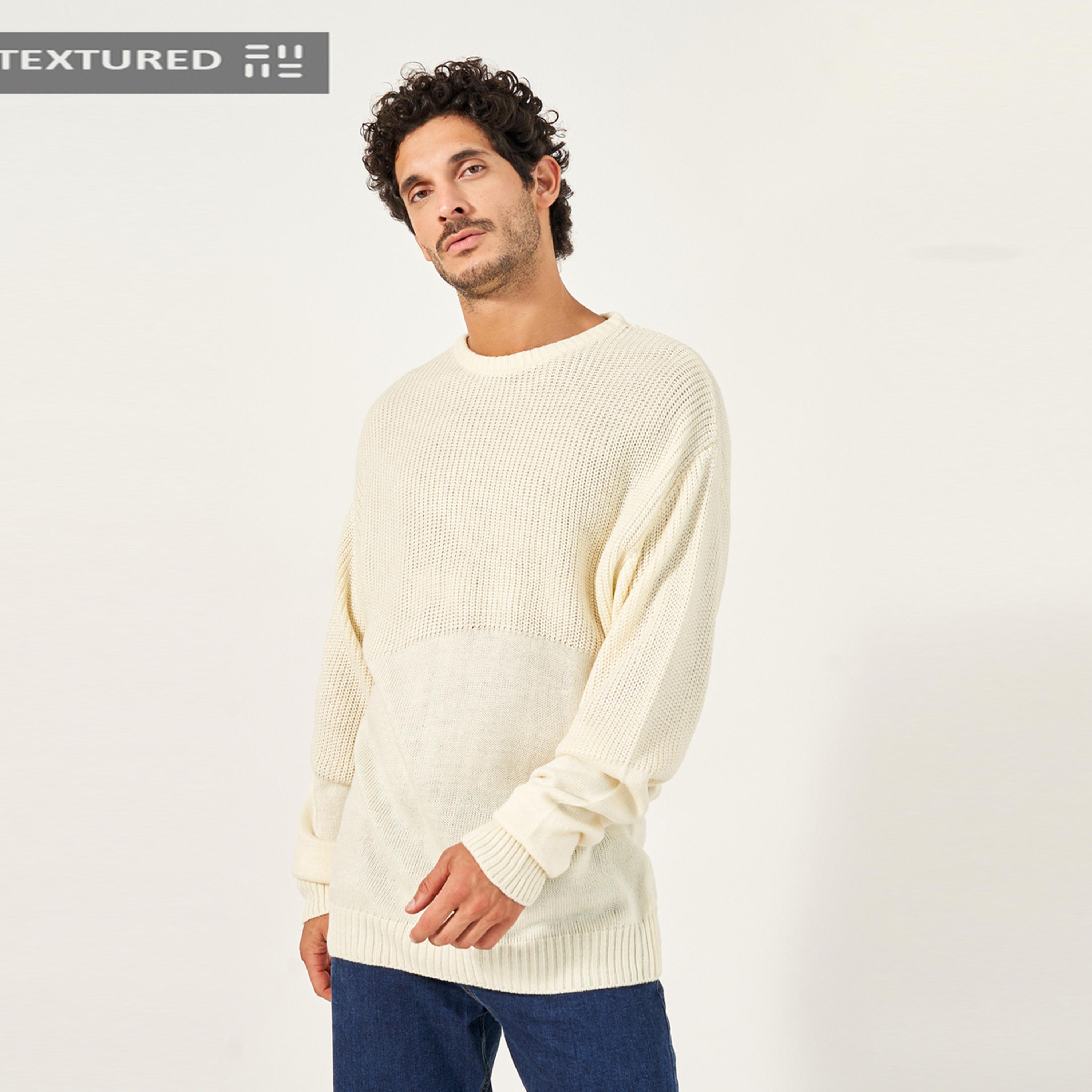 Styli Tuck & Plain Texture Relaxed Fit Crew Neck Sweater-men-winterwear-sweatersandpullovers-image-1