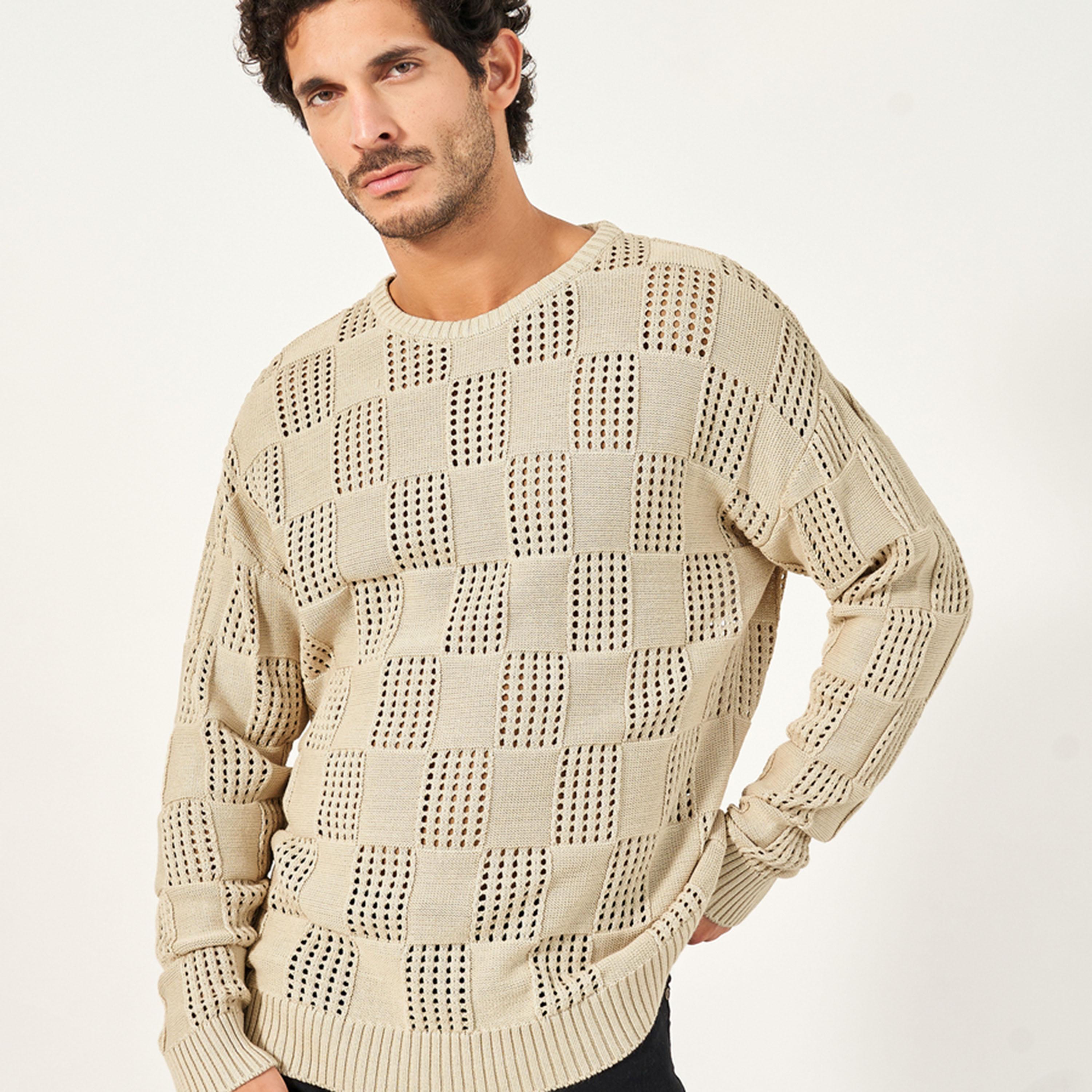 Styli Pointelle Knit Relaxed Fit Crew Neck Sweater-men-winterwear-sweatersandpullovers-image-1