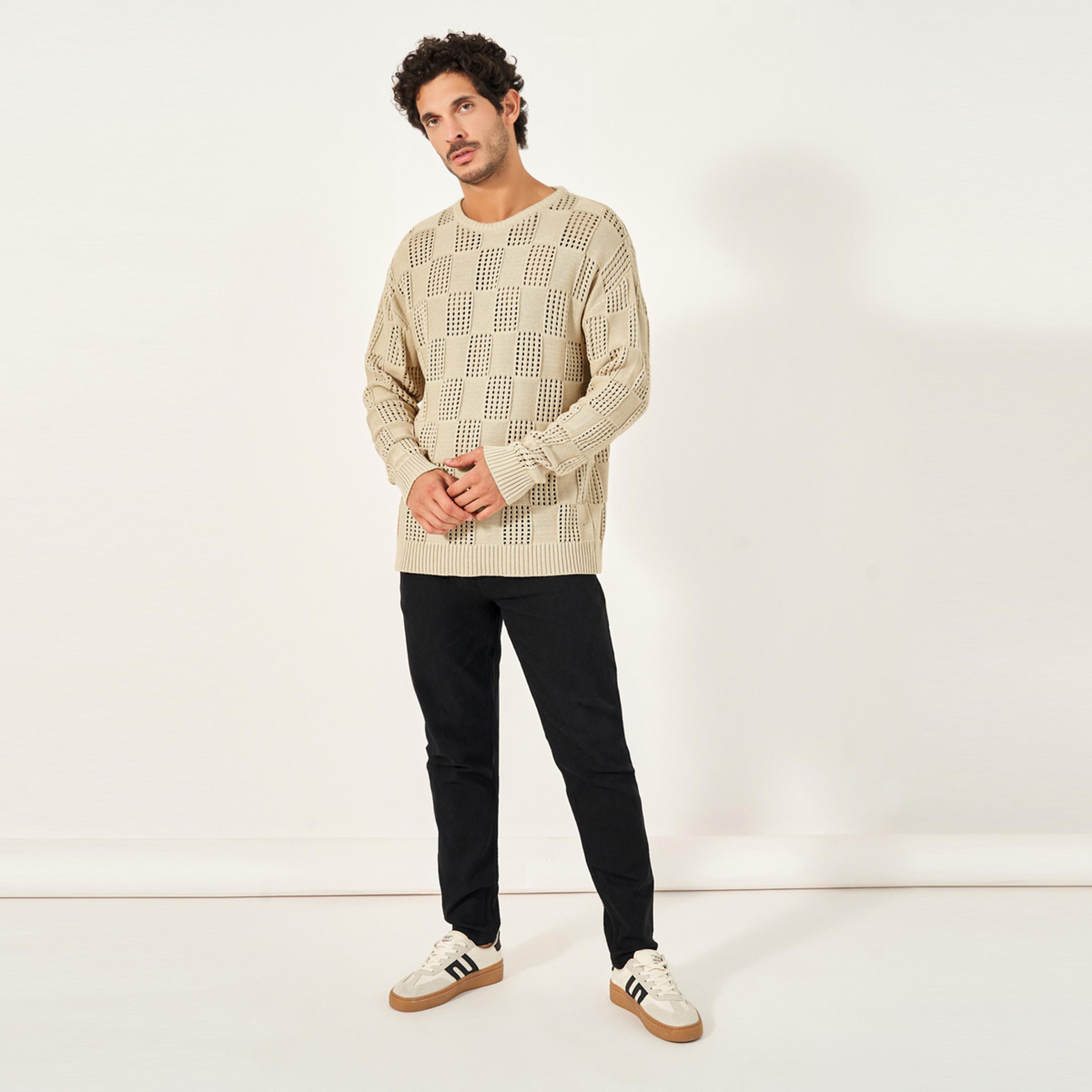 Styli Pointelle Knit Relaxed Fit Crew Neck Sweater-men-winterwear-sweatersandpullovers-image-2
