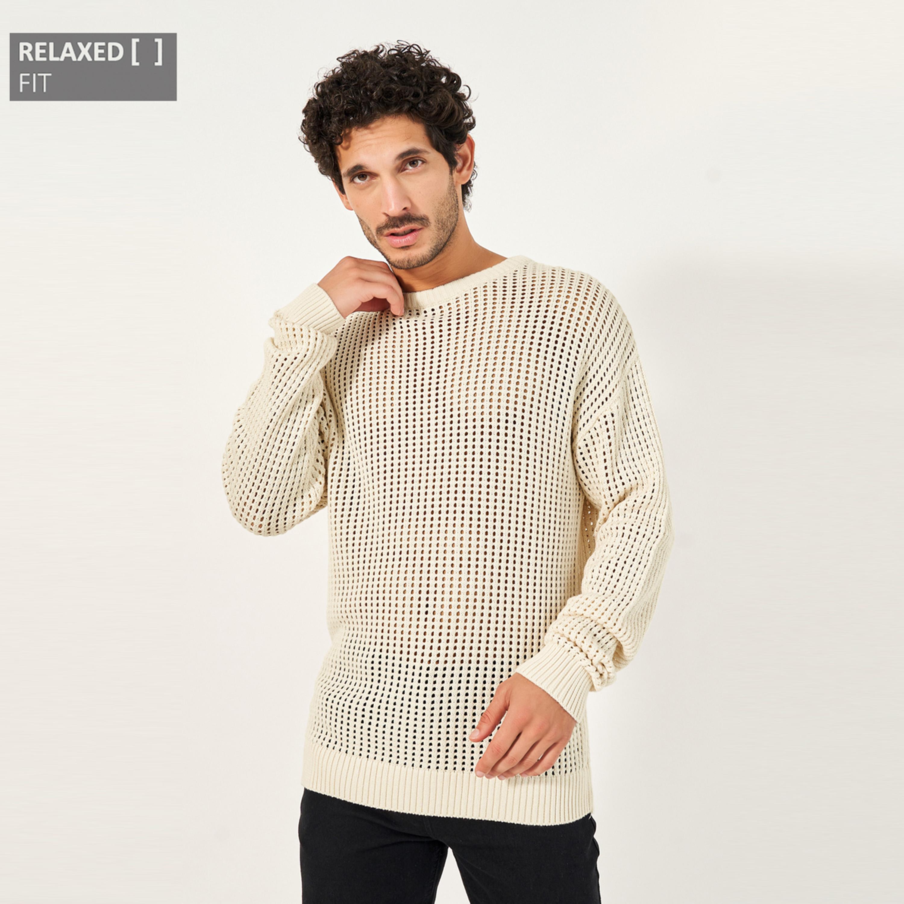 Styli Crochet Relaxed Fit Crew Neck Sweater-men-winterwear-sweatersandpullovers-image-1