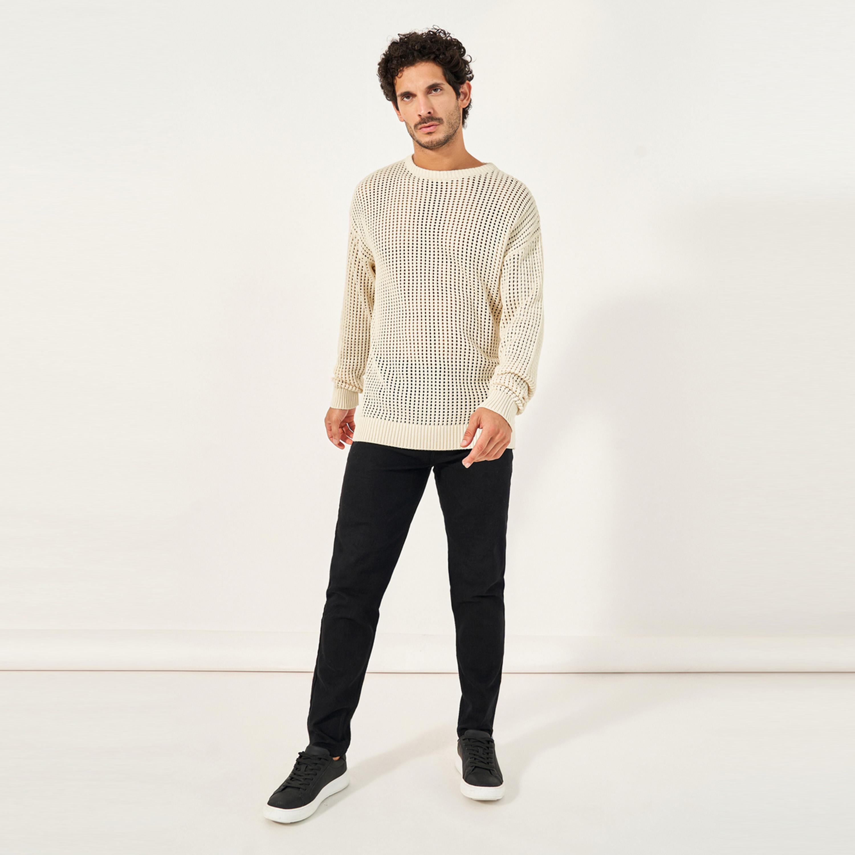 Styli Crochet Relaxed Fit Crew Neck Sweater-men-winterwear-sweatersandpullovers-image-2