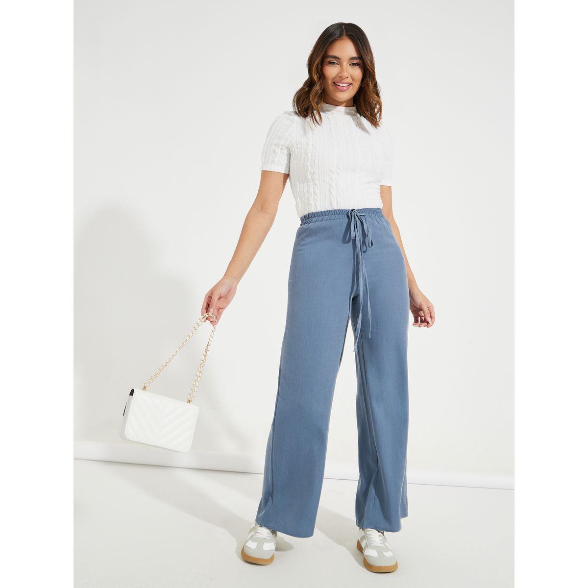 Styli Solid Straight Leg Pants with Drawstring-women-clothing-bottoms-trousers-image-1