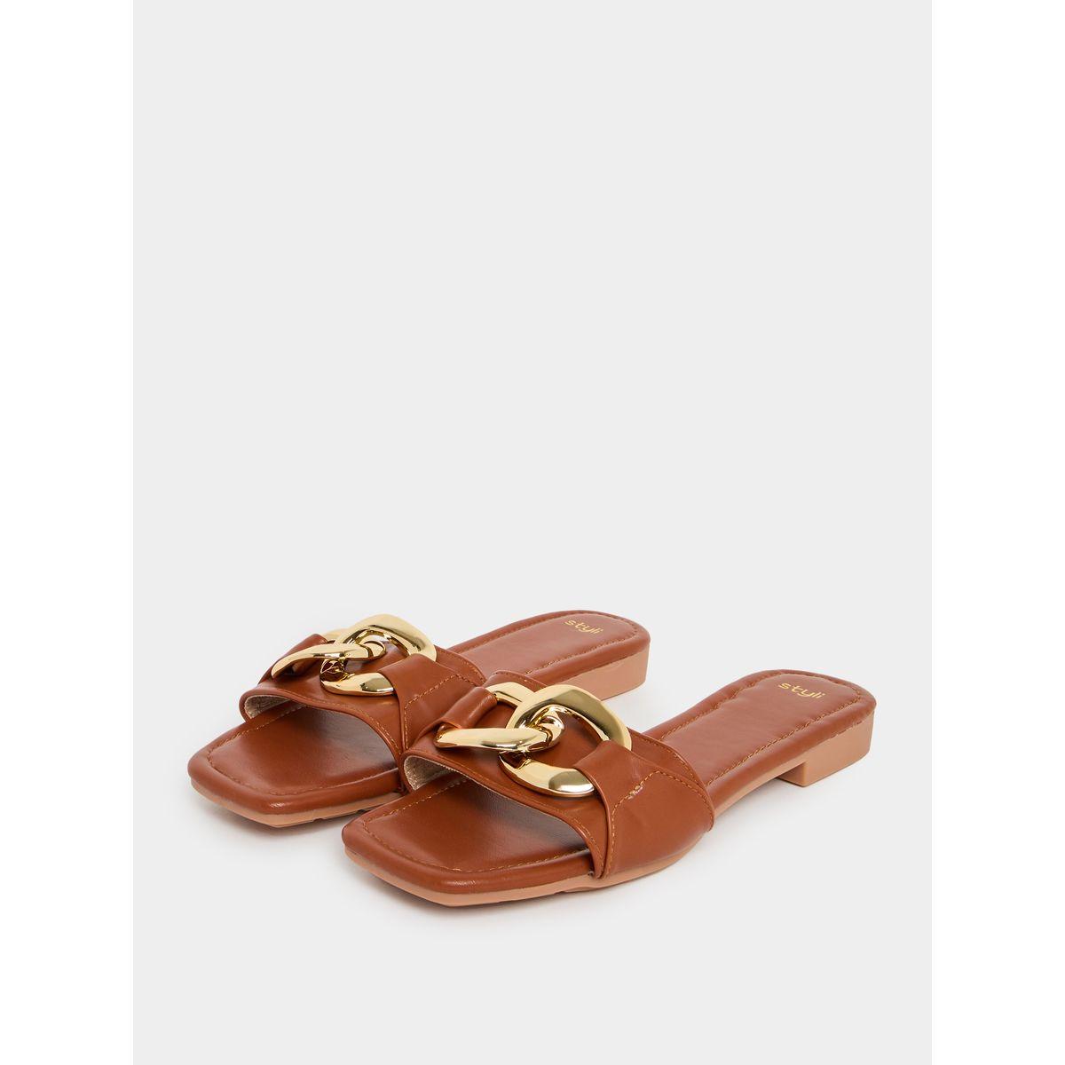 Styli Metallic Chain Accent Flat Sandals-women-shoes-sandals-flats-image-2