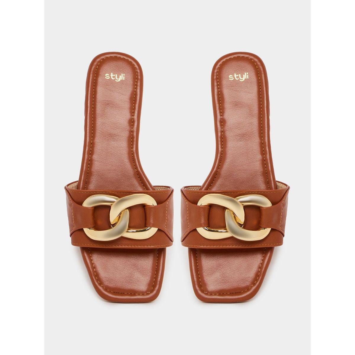 Styli Metallic Chain Accent Flat Sandals-women-shoes-sandals-flats-image-5