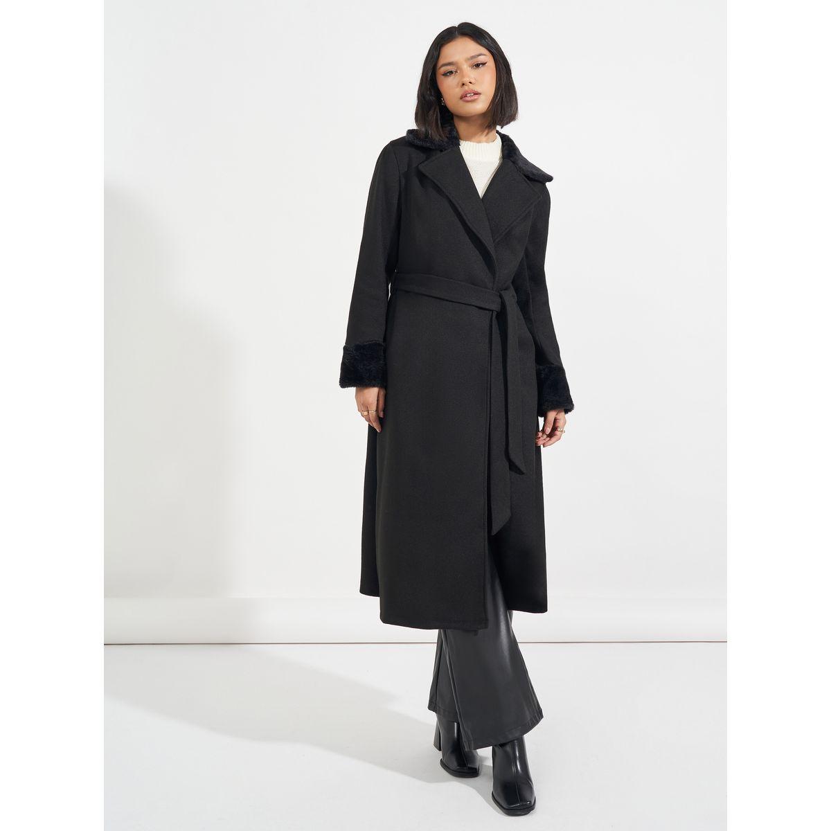 Styli Regular Fit Midi Wool Like Belted Coat with Faux Fur Detail-women-winterwear-coatsandjackets-coats-image-1