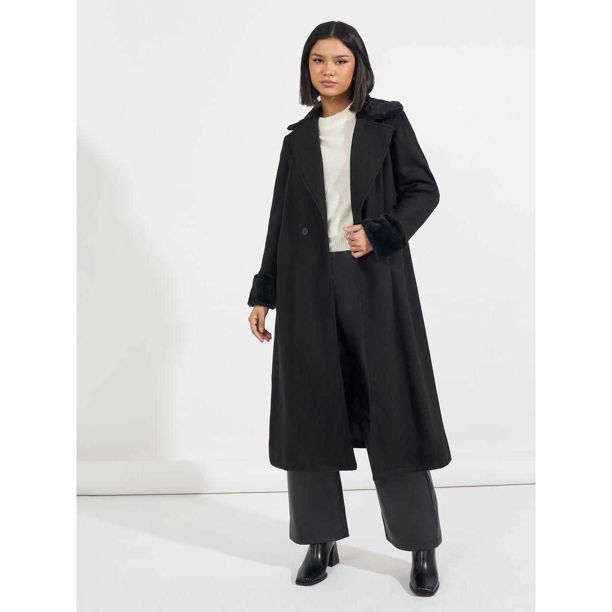 Styli Regular Fit Midi Wool Like Belted Coat with Faux Fur Detail-women-winterwear-coatsandjackets-coats-image-2