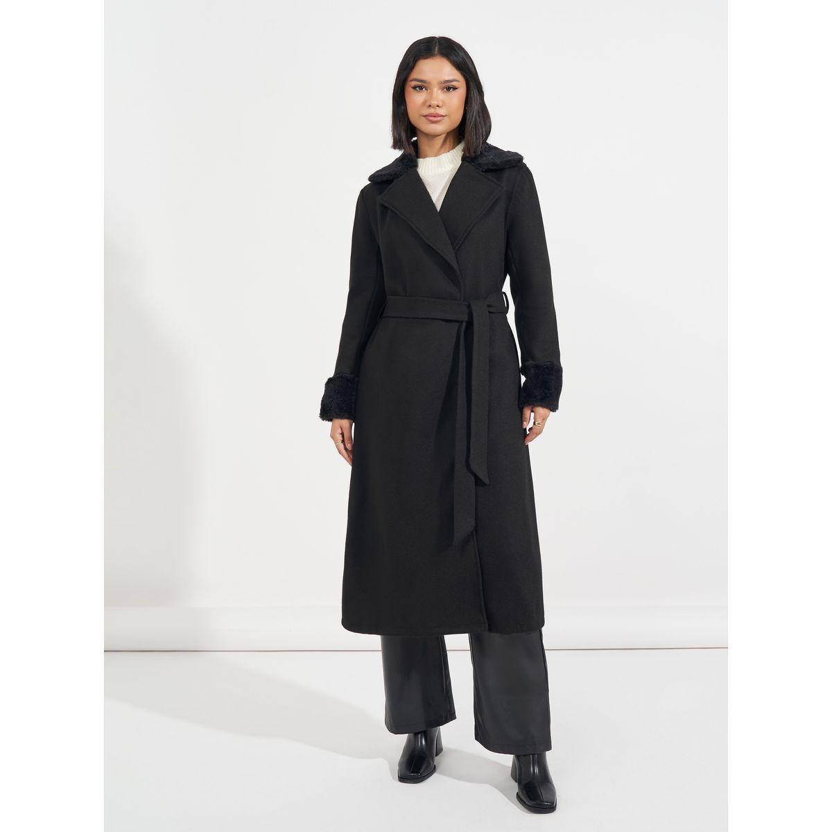 Styli Regular Fit Midi Wool Like Belted Coat with Faux Fur Detail-women-winterwear-coatsandjackets-coats-image-3