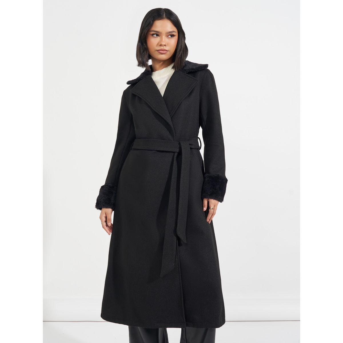 Styli Regular Fit Midi Wool Like Belted Coat with Faux Fur Detail-women-winterwear-coatsandjackets-coats-image-4