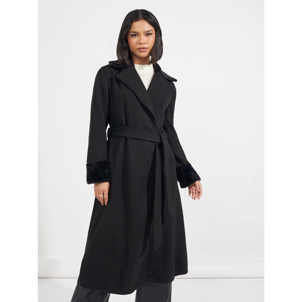 Styli Regular Fit Midi Wool Like Belted Coat with Faux Fur Detail-women-winterwear-coatsandjackets-coats-image-5
