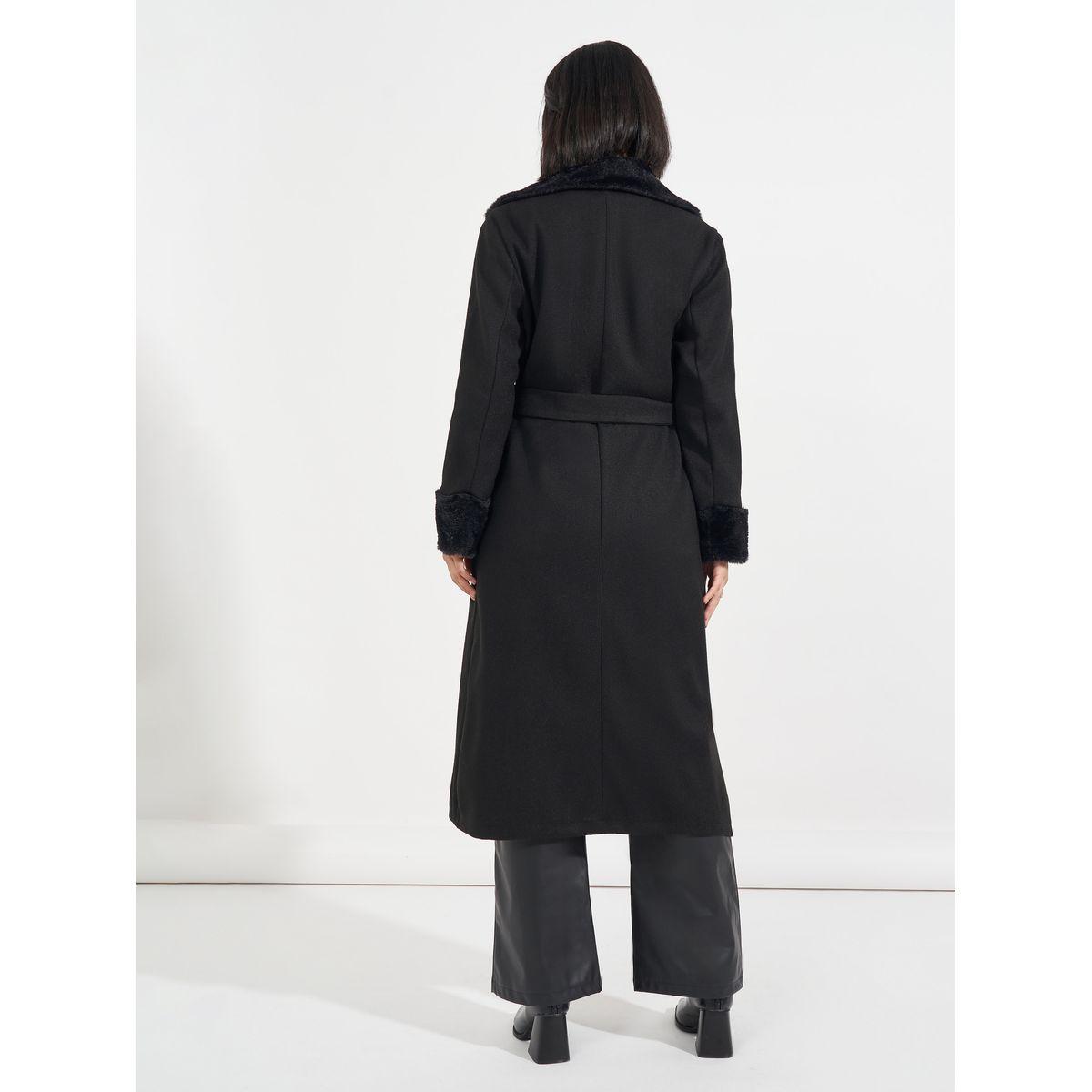 Styli Regular Fit Midi Wool Like Belted Coat with Faux Fur Detail-women-winterwear-coatsandjackets-coats-image-7