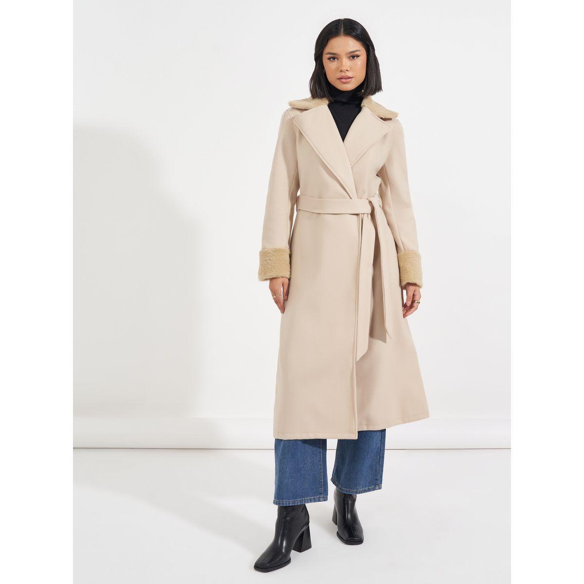 Styli Regular Fit Midi Wool Like Belted Coat with Faux Fur Detail-women-winterwear-coatsandjackets-coats-image-1
