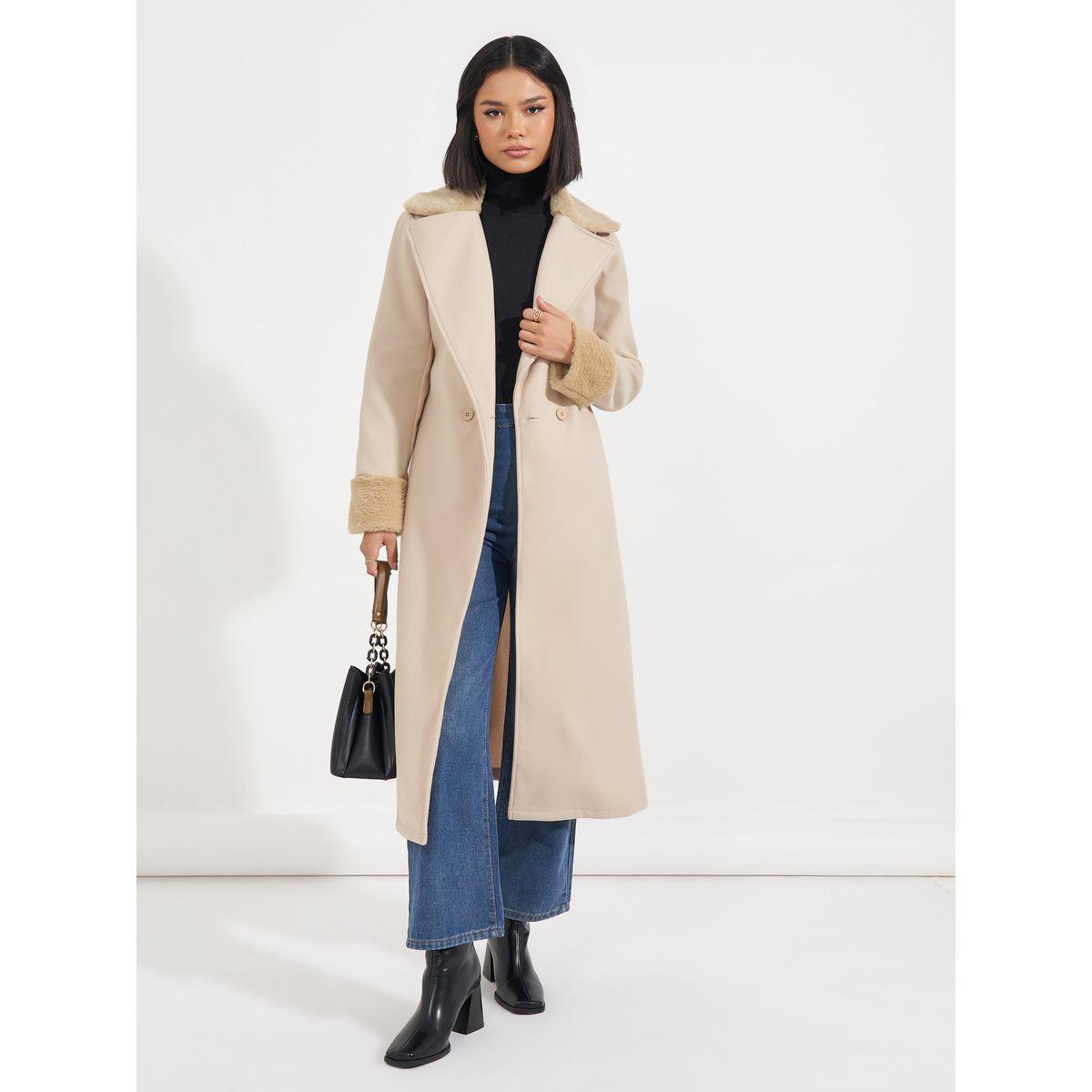 Styli Regular Fit Midi Wool Like Belted Coat with Faux Fur Detail-women-winterwear-coatsandjackets-coats-image-2