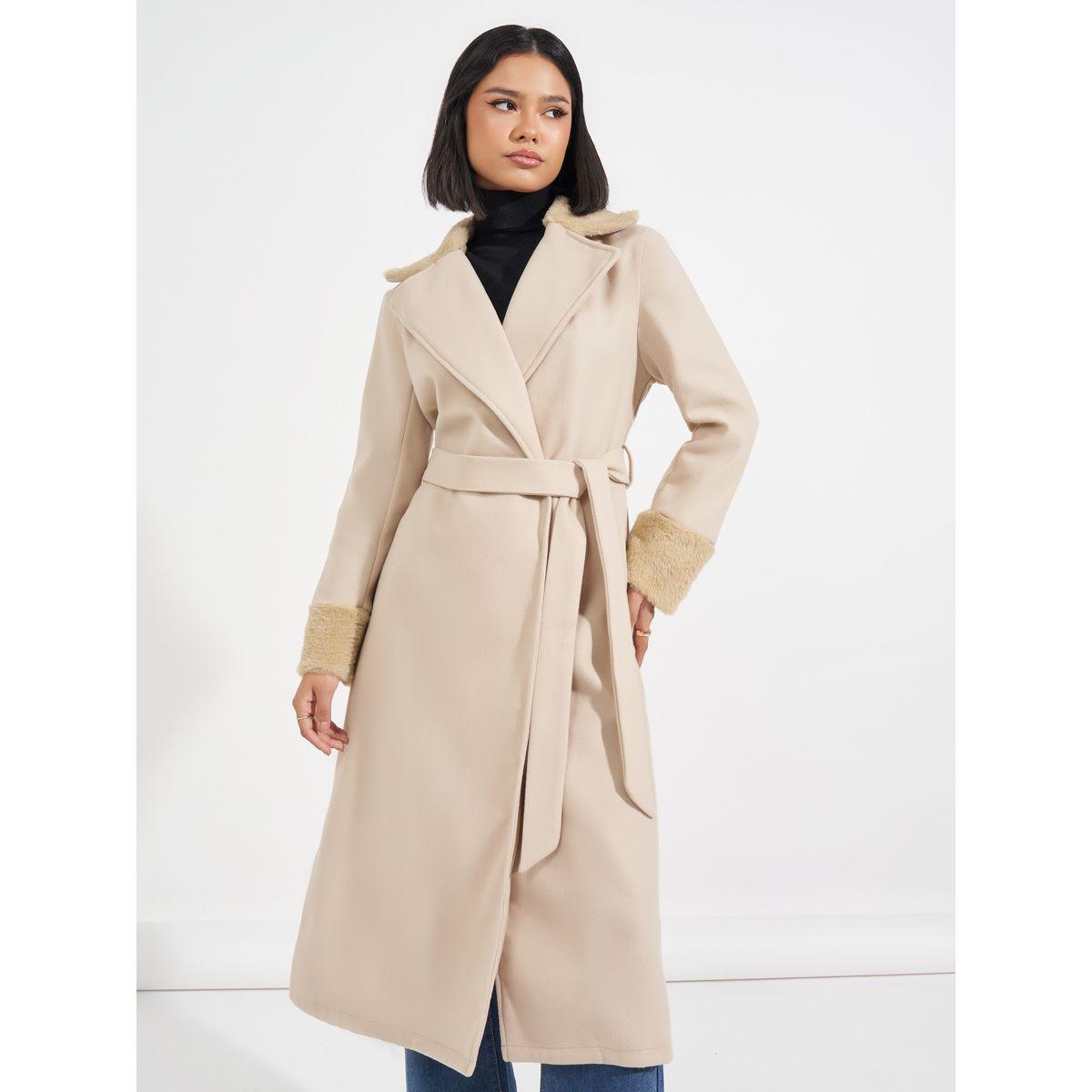 Styli Regular Fit Midi Wool Like Belted Coat with Faux Fur Detail-women-winterwear-coatsandjackets-coats-image-3