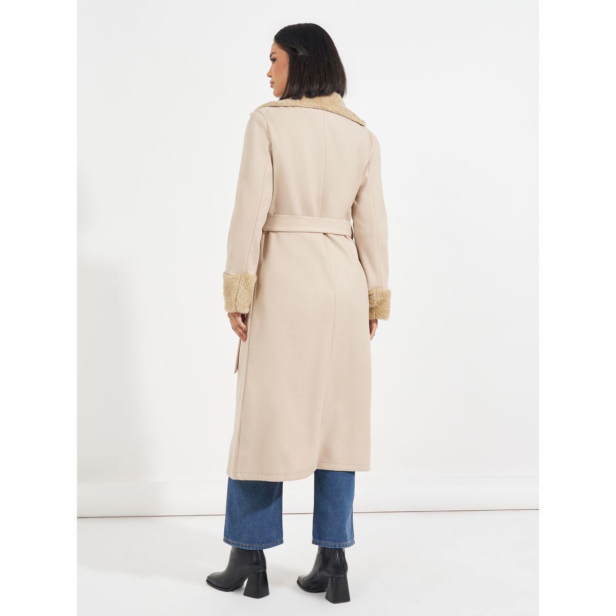 Styli Regular Fit Midi Wool Like Belted Coat with Faux Fur Detail-women-winterwear-coatsandjackets-coats-image-5