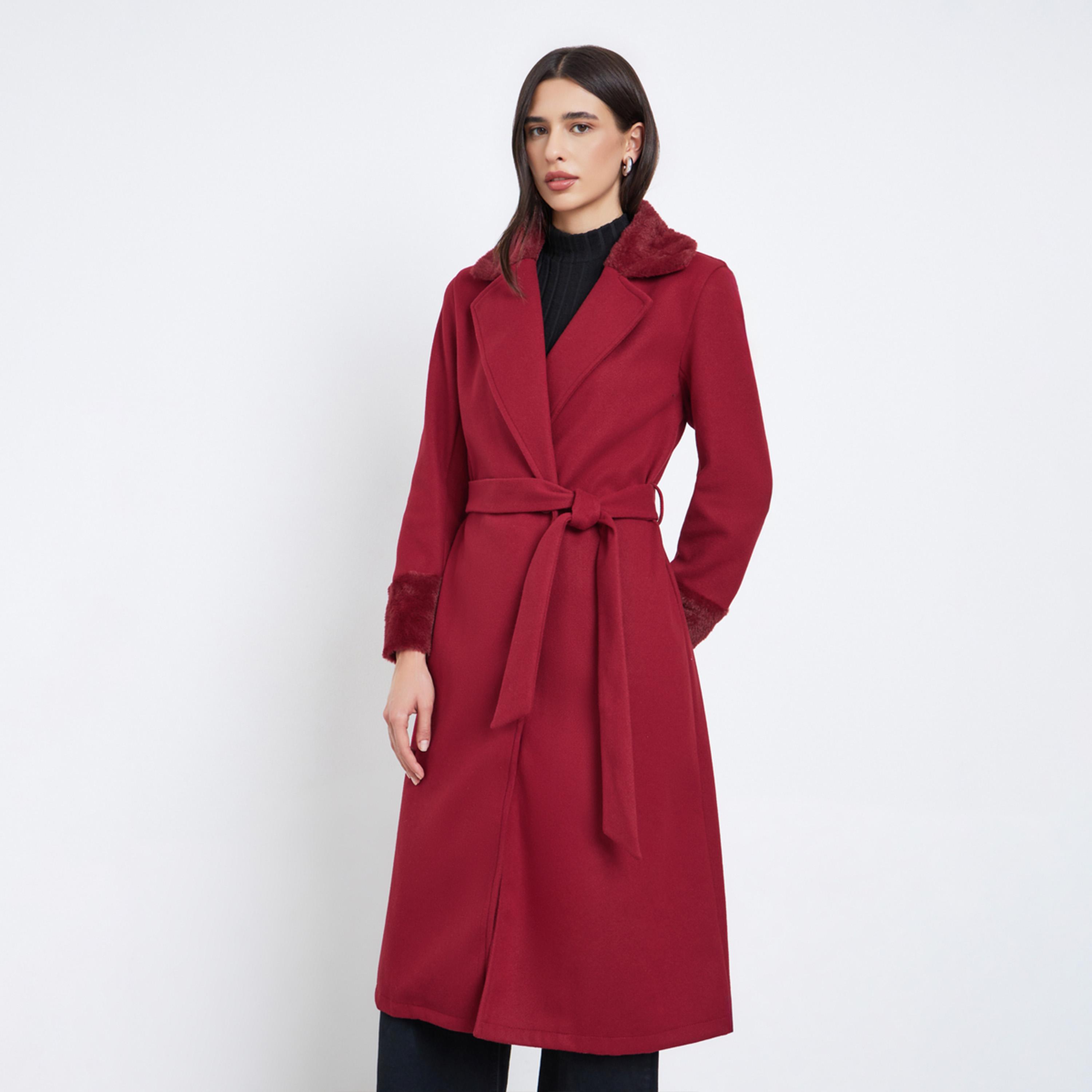 Styli Regular Fit Midi Wool Like Belted Coat with Faux Fur Detail-women-winterwear-coatsandjackets-coats-image-1