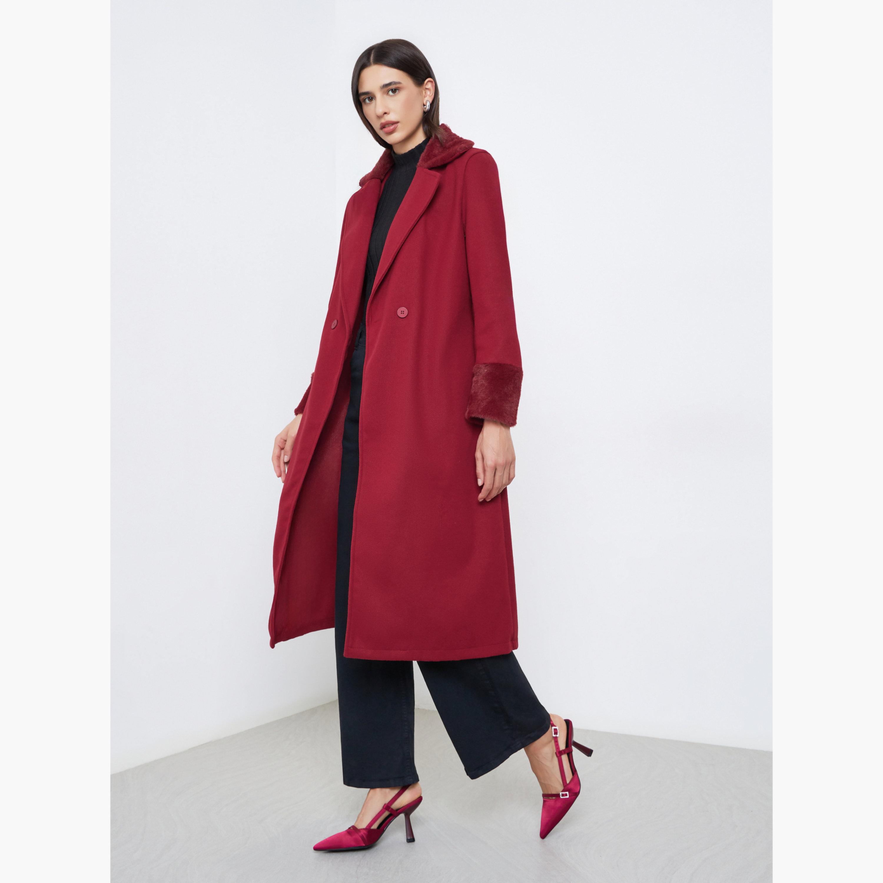 Styli Regular Fit Midi Wool Like Belted Coat with Faux Fur Detail-women-winterwear-coatsandjackets-coats-image-2