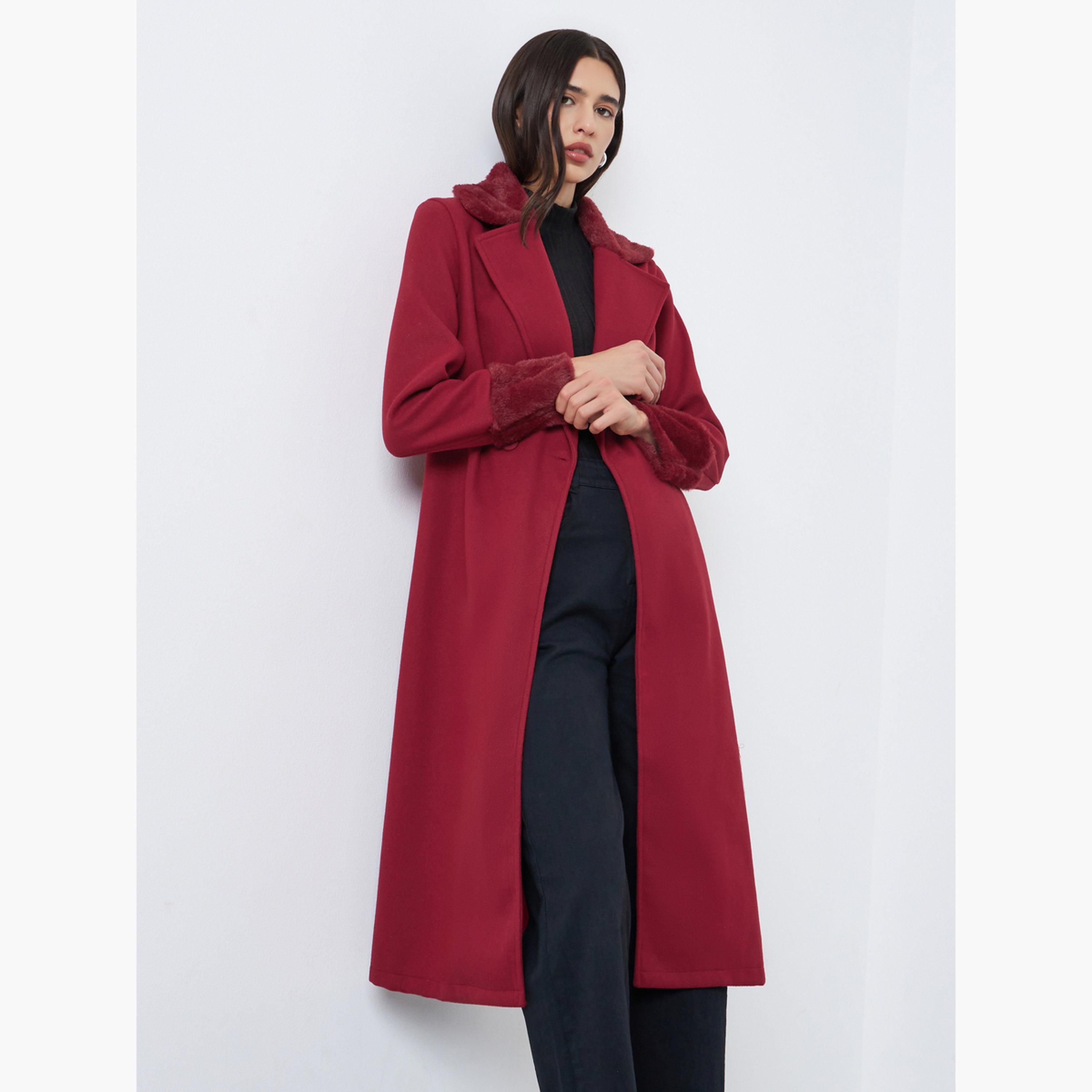 Styli Regular Fit Midi Wool Like Belted Coat with Faux Fur Detail-women-winterwear-coatsandjackets-coats-image-3