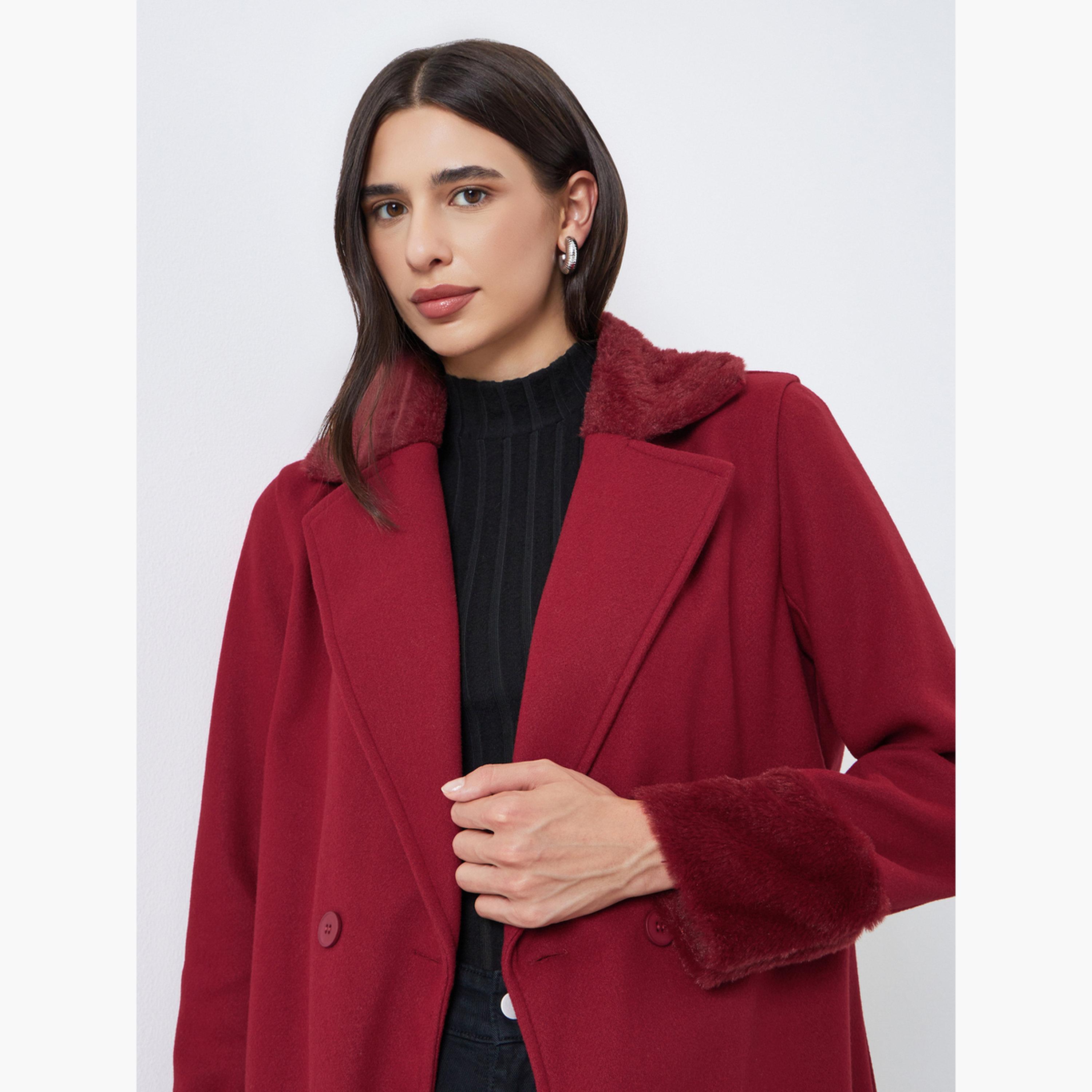Styli Regular Fit Midi Wool Like Belted Coat with Faux Fur Detail-women-winterwear-coatsandjackets-coats-image-4