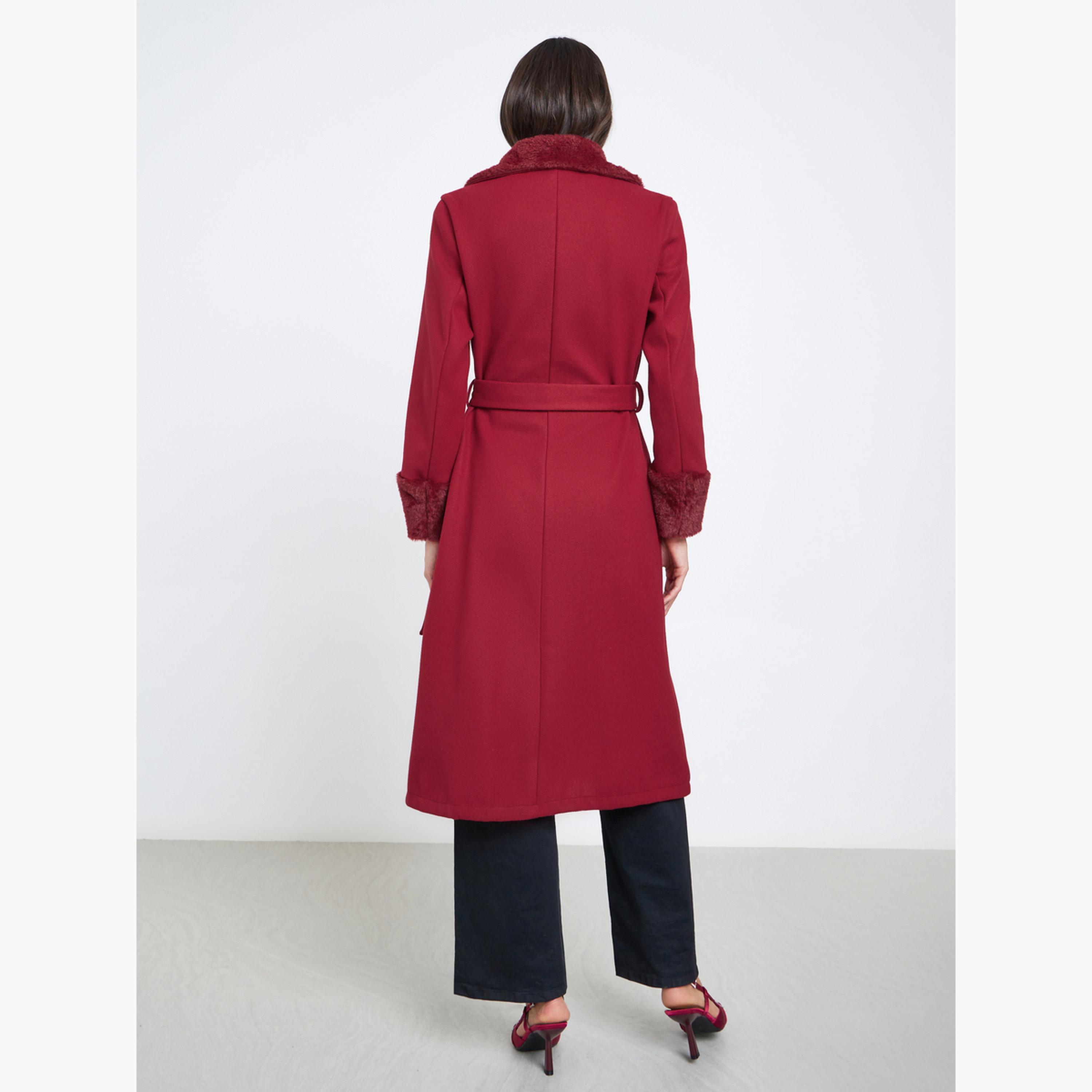 Styli Regular Fit Midi Wool Like Belted Coat with Faux Fur Detail-women-winterwear-coatsandjackets-coats-image-5