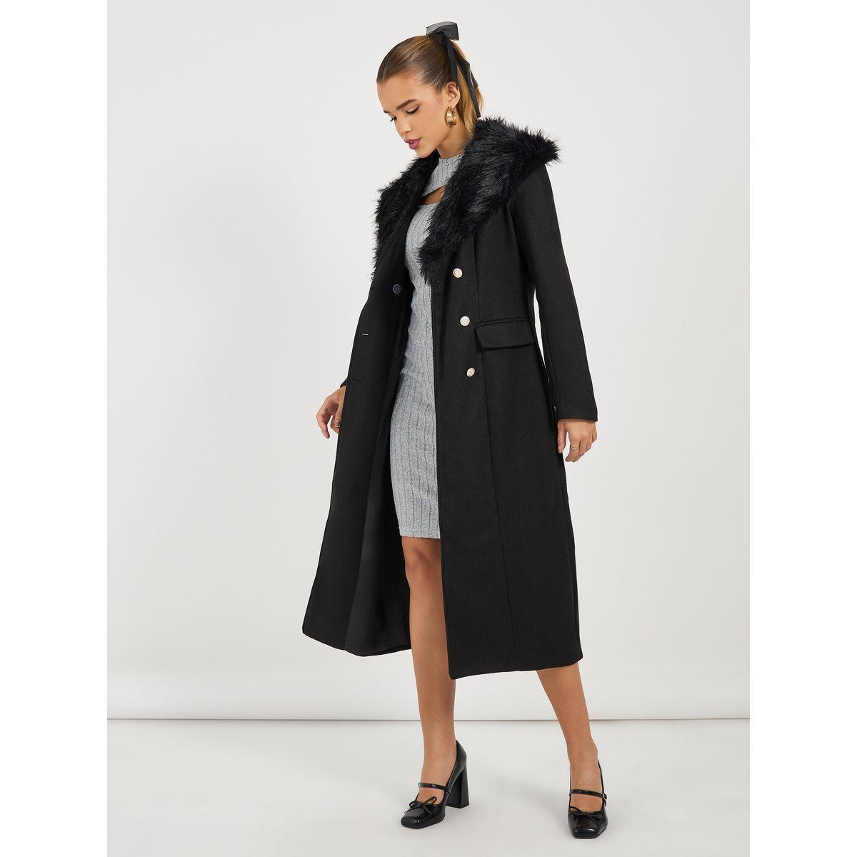 Styli Regular Fit Double Breasted Wool Like Coat with Faux Fur Collar-women-clothing-coatsandjackets-coats-image-1