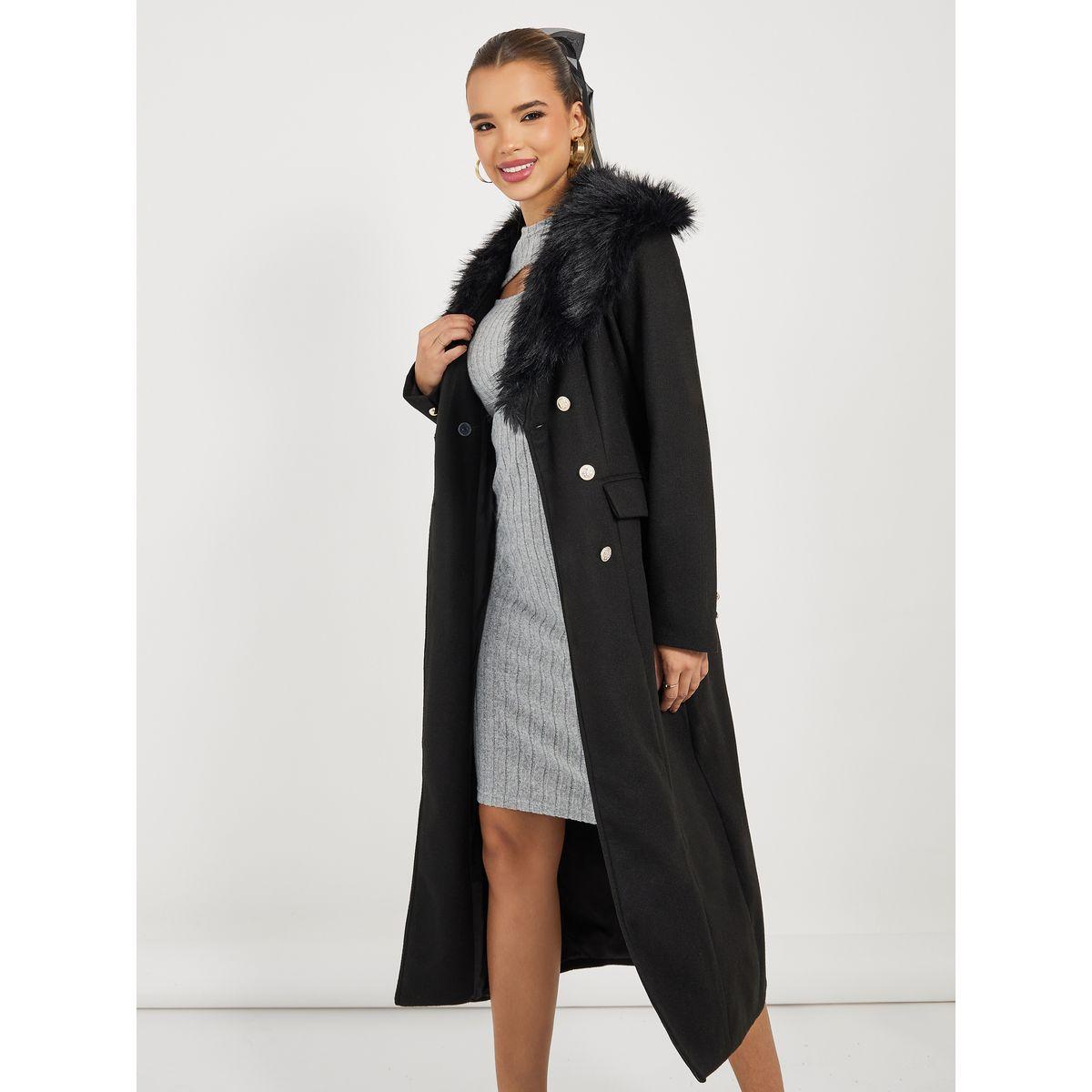 معطف بقصة عادية وياقة بفرو صناعي-women-winterwear-coatsandjackets-coats-image-2