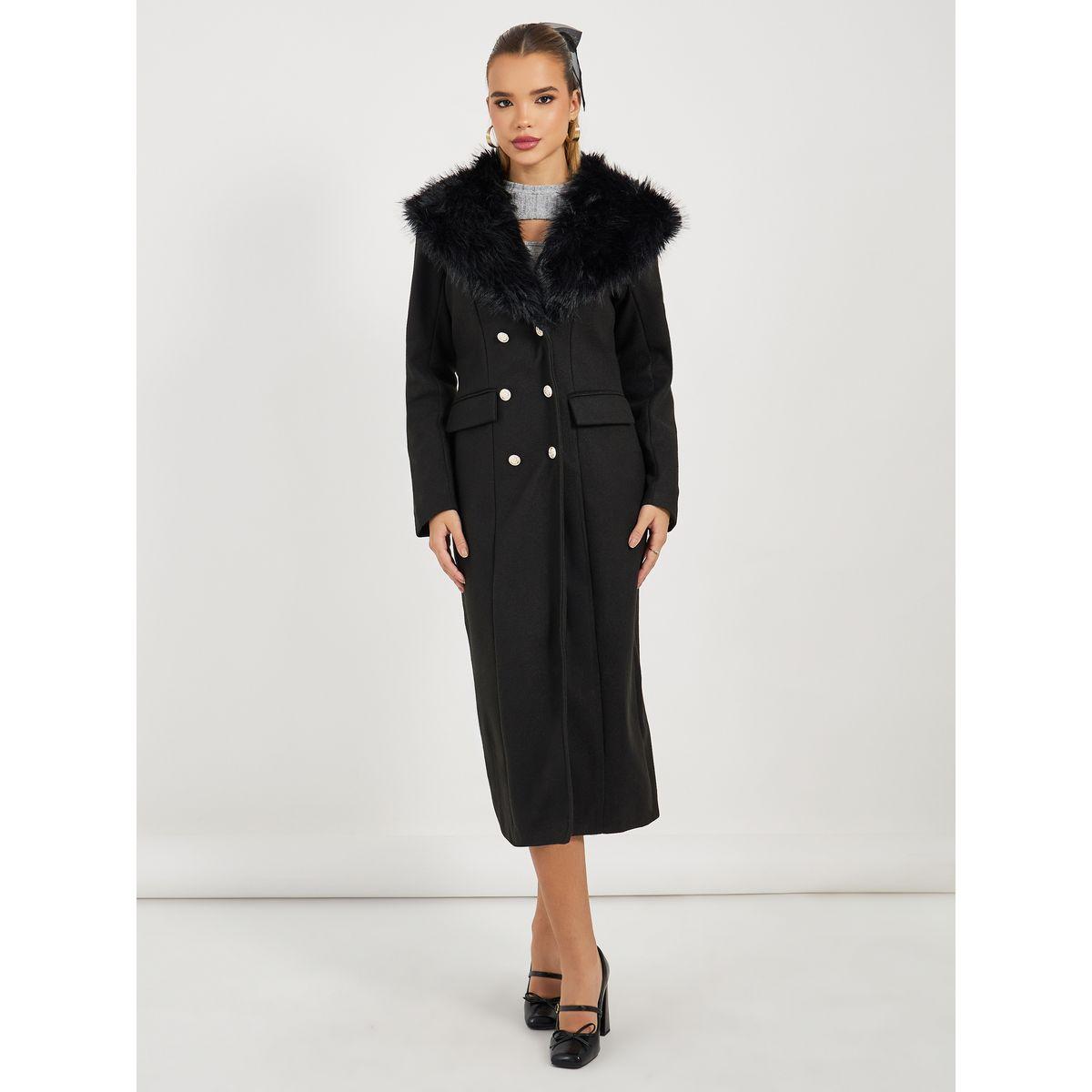 معطف بقصة عادية وياقة بفرو صناعي-women-winterwear-coatsandjackets-coats-image-3