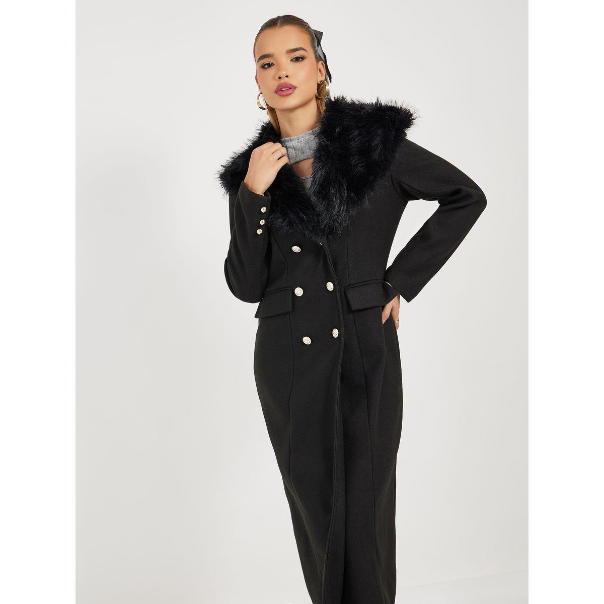 Styli Regular Fit Double Breasted Wool Like Coat with Faux Fur Collar-women-clothing-coatsandjackets-coats-image-4