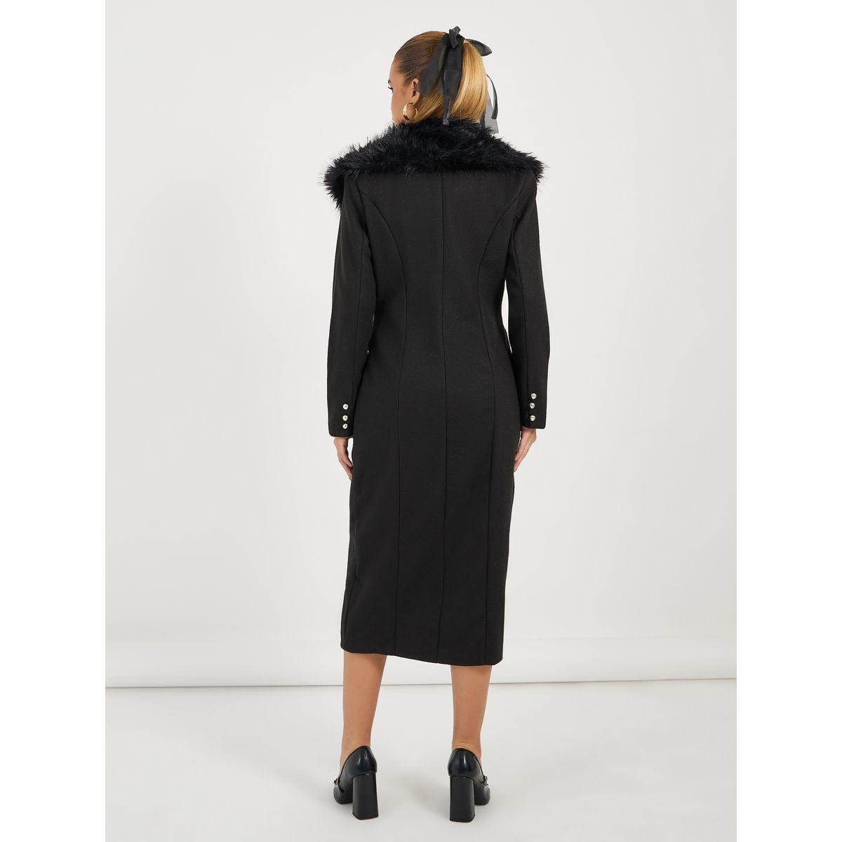 معطف بقصة عادية وياقة بفرو صناعي-women-winterwear-coatsandjackets-coats-image-6