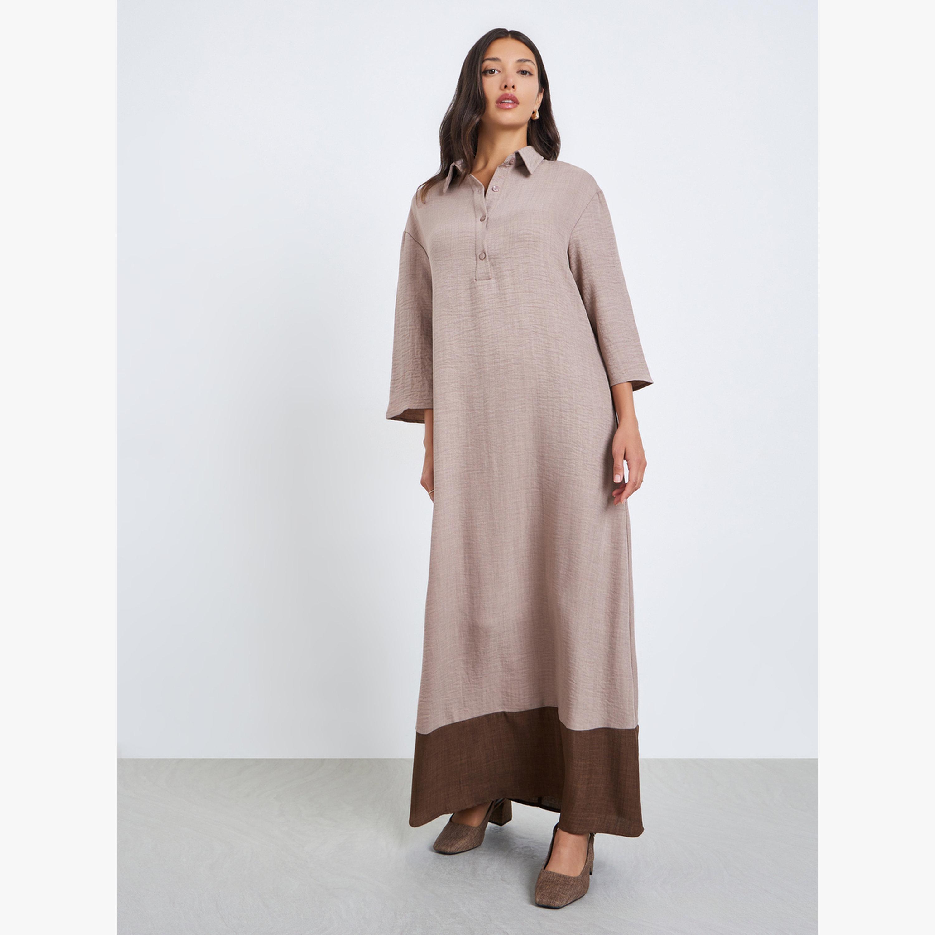 Styli Women Beige Contrast Hem Collared Jalabiya-women-arabicclothing-jalabiyas-image-1