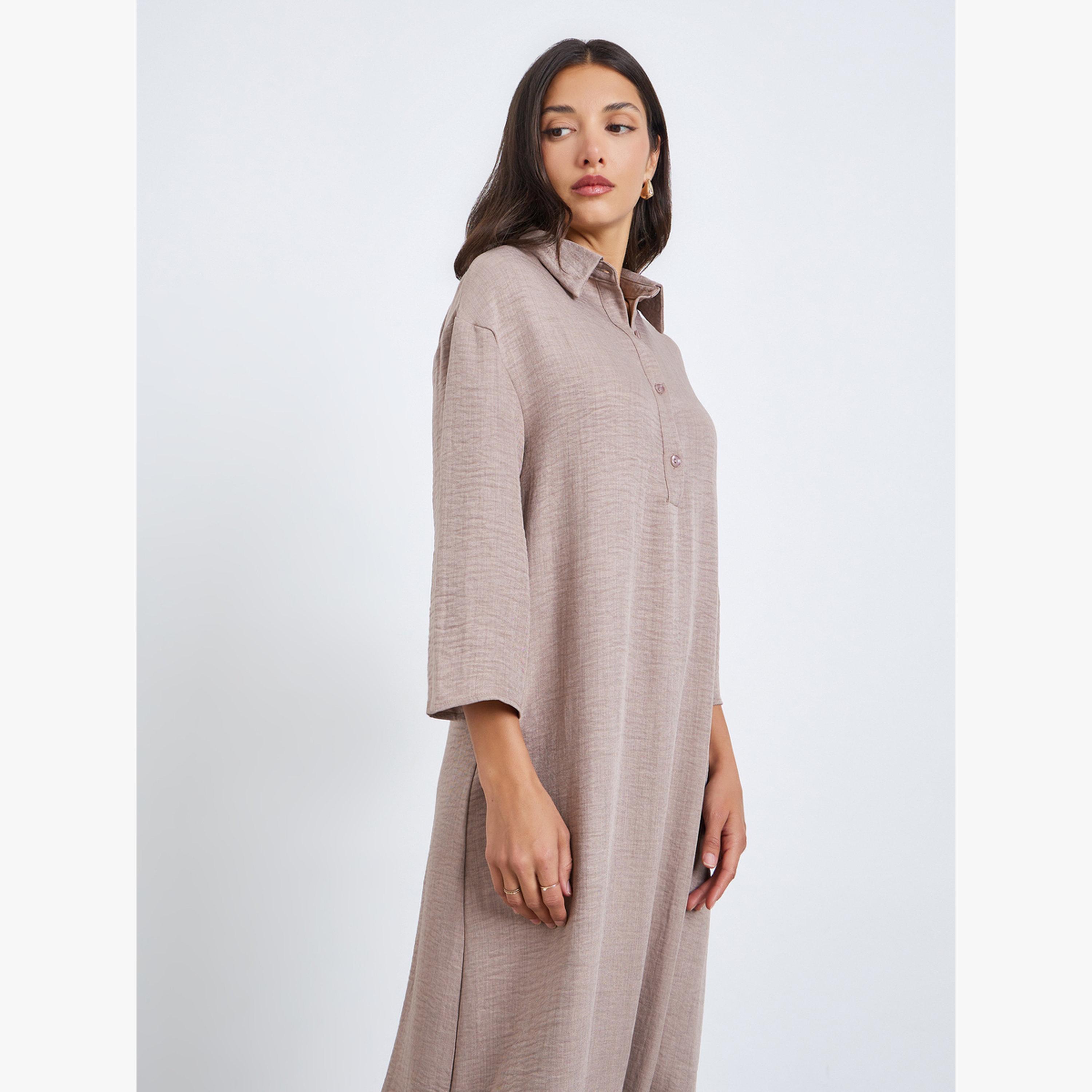 Styli Women Beige Contrast Hem Collared Jalabiya-women-arabicclothing-jalabiyas-image-2
