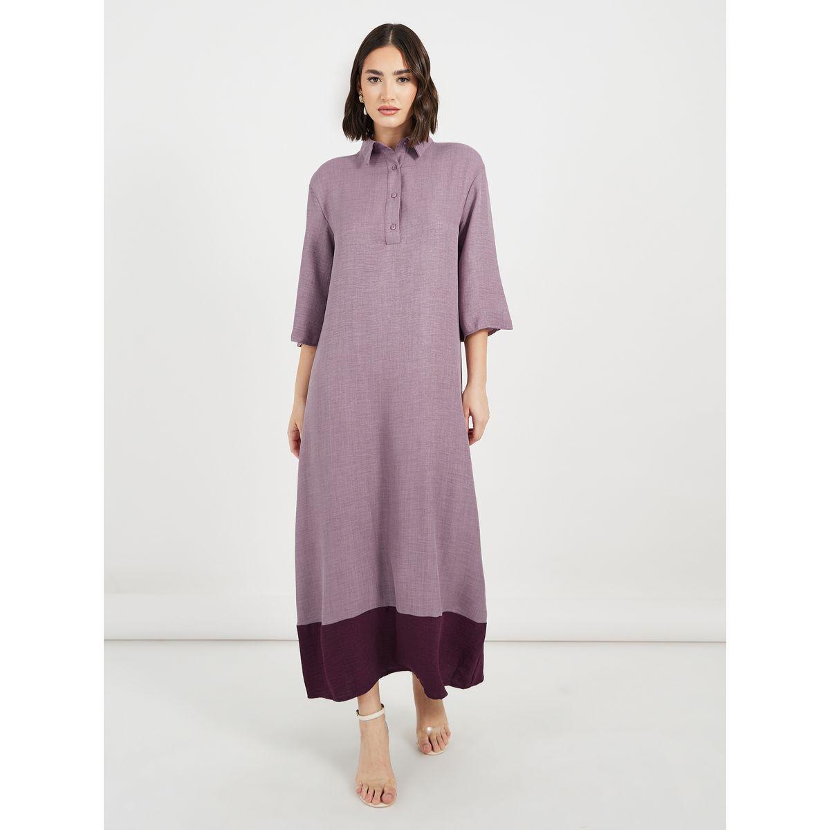 Styli Melange Collared Jalabiya with Contrast Hem-women-arabicclothing-jalabiyas-image-1
