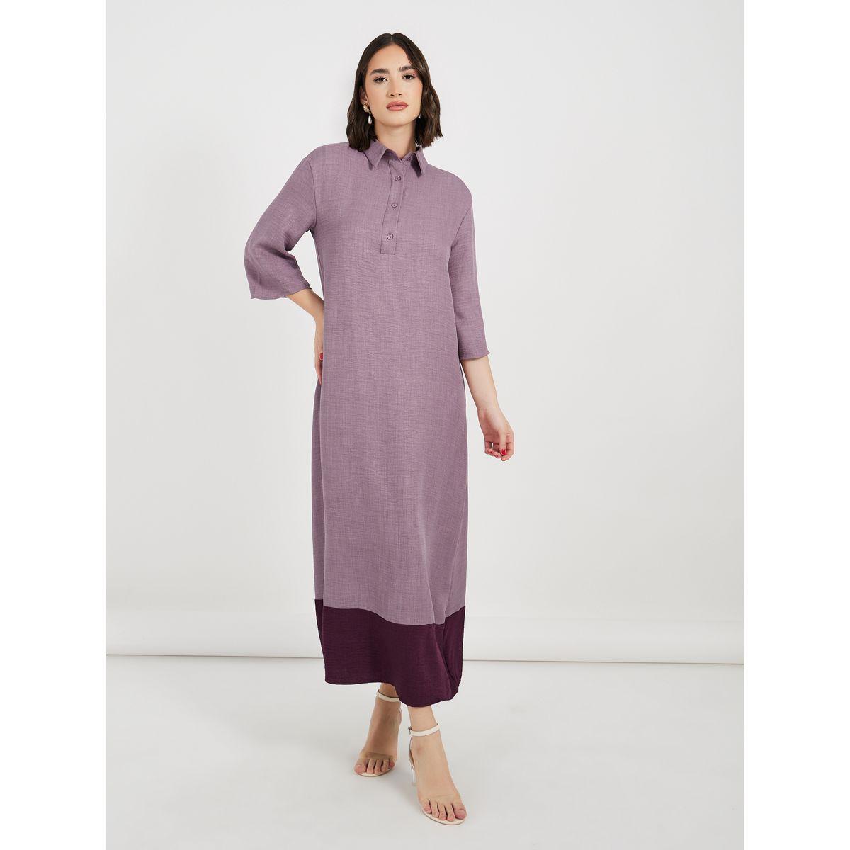 Styli Melange Collared Jalabiya with Contrast Hem-women-arabicclothing-jalabiyas-image-4