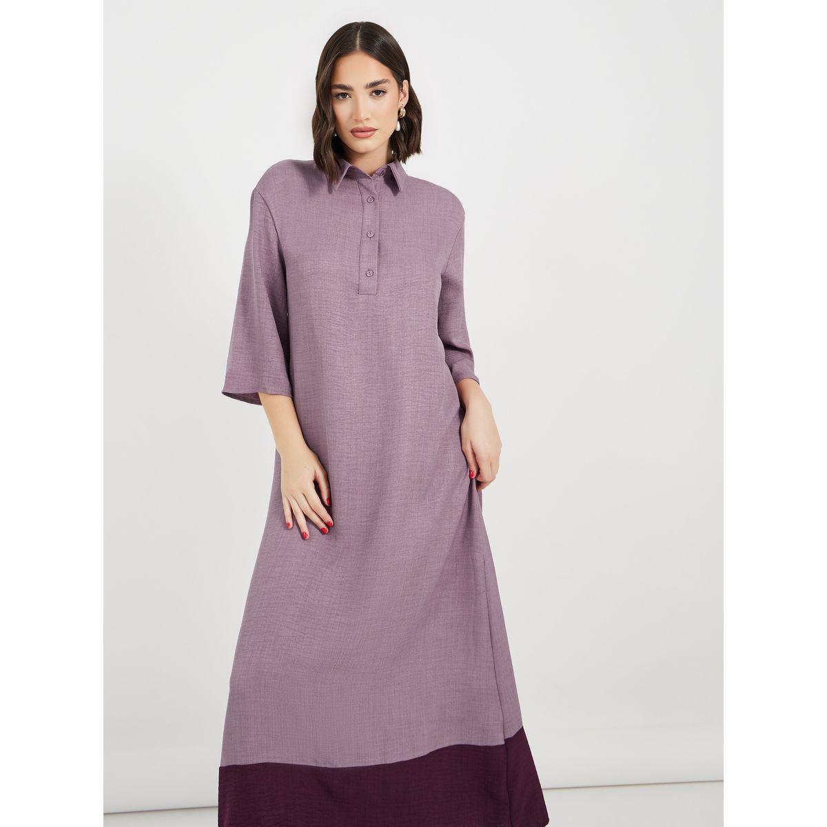 Styli Melange Collared Jalabiya with Contrast Hem-women-arabicclothing-jalabiyas-image-5