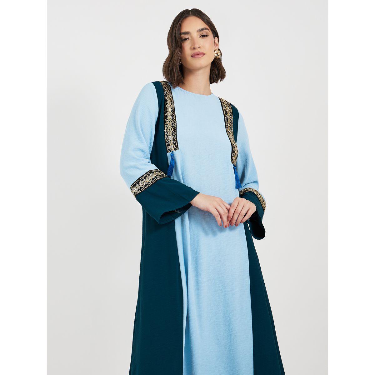 Styli Contrast Side Panel Jalabiya with Tassel Trim-women-arabicclothing-jalabiyas-image-2