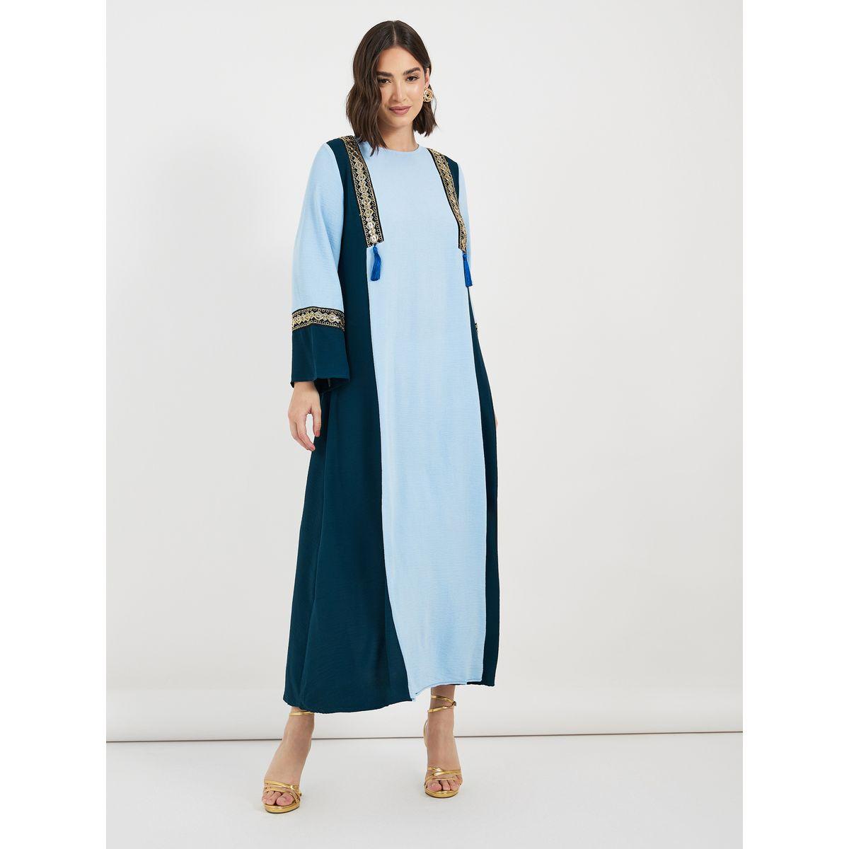 Styli Contrast Side Panel Jalabiya with Tassel Trim-women-arabicclothing-jalabiyas-image-4