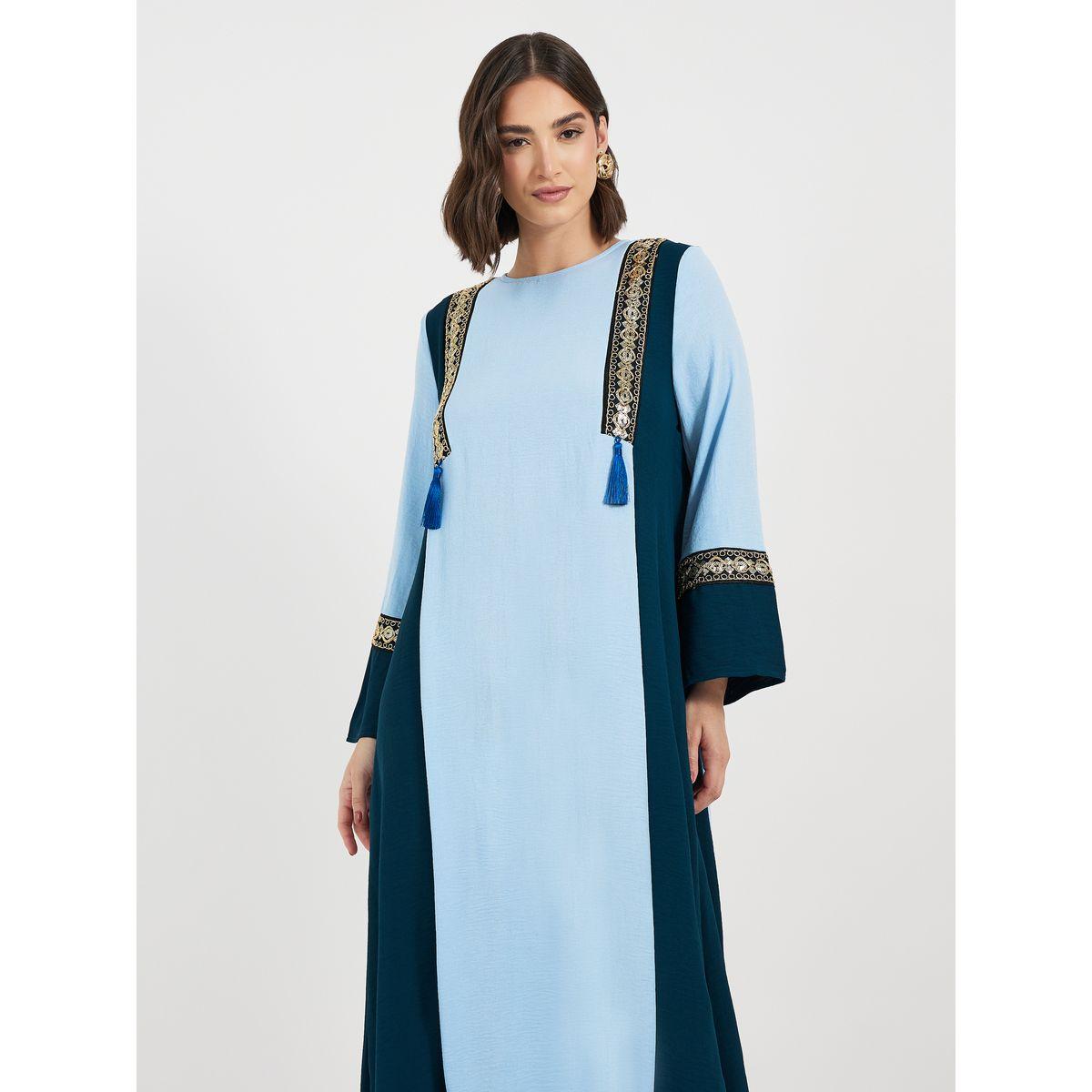 Styli Contrast Side Panel Jalabiya with Tassel Trim-women-arabicclothing-jalabiyas-image-5