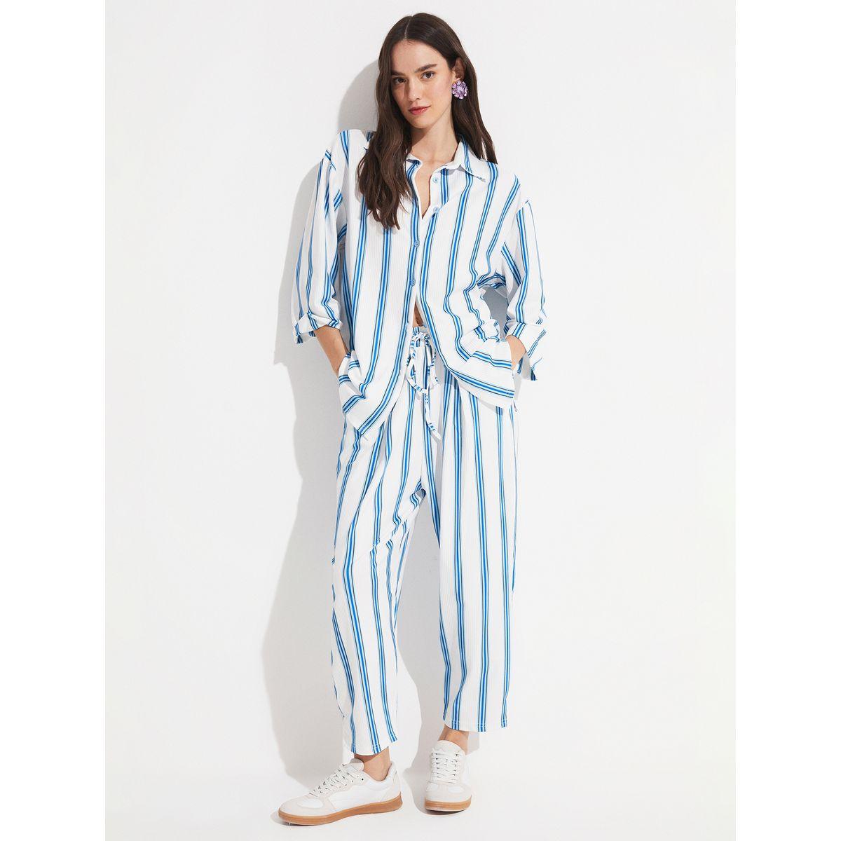 طقم منسق من بنطال منسوج مع بلوزة بقصة مريحة-women-clothing-coordsets-image-1