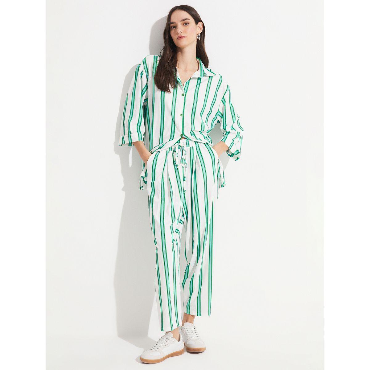 طقم منسق من بنطال منسوج مع بلوزة بقصة مريحة-women-clothing-coordsets-image-1