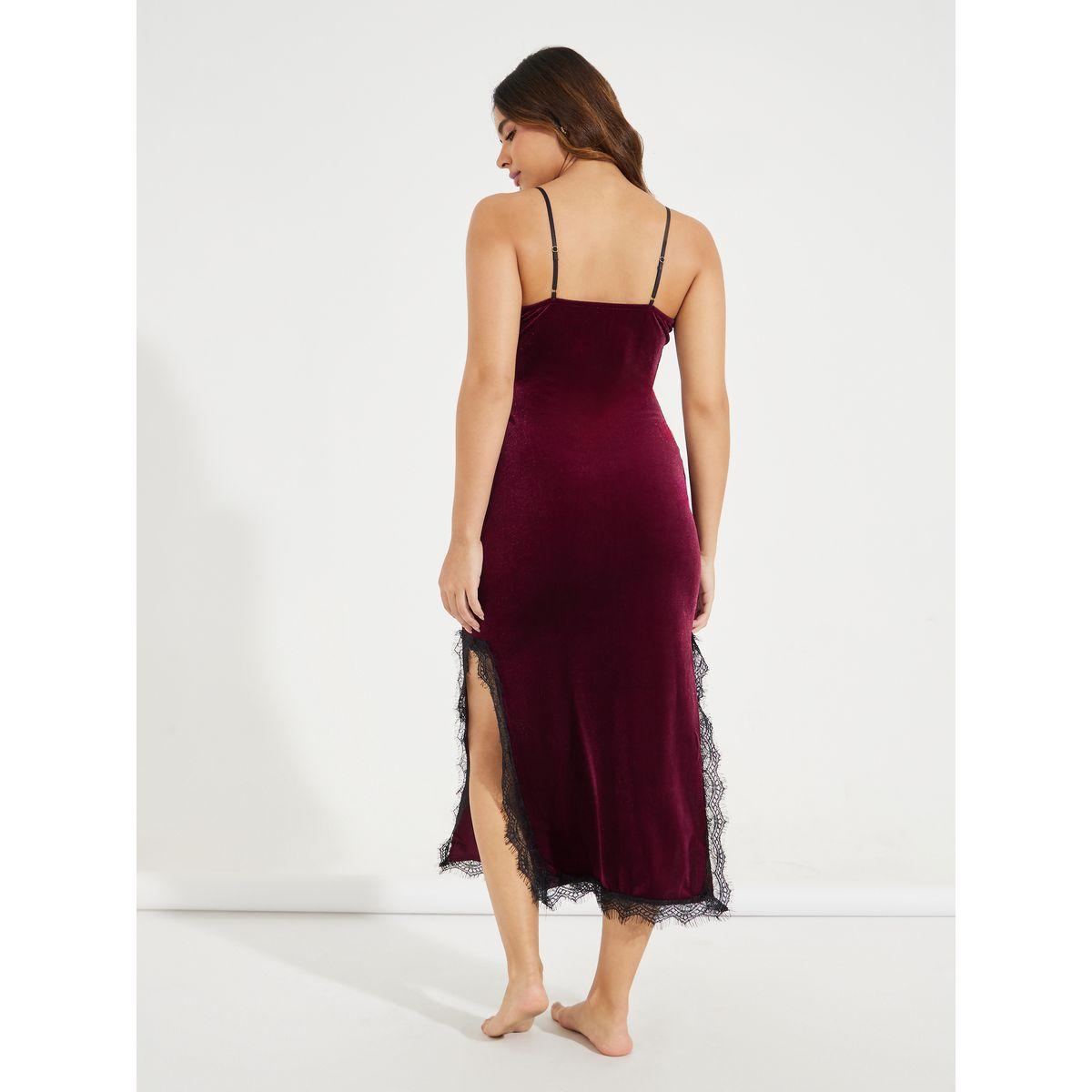 Styli Unwind Velvet Lace Trim Side Slit Slip Dress-women-clothing-nightwear-nighties-image-4