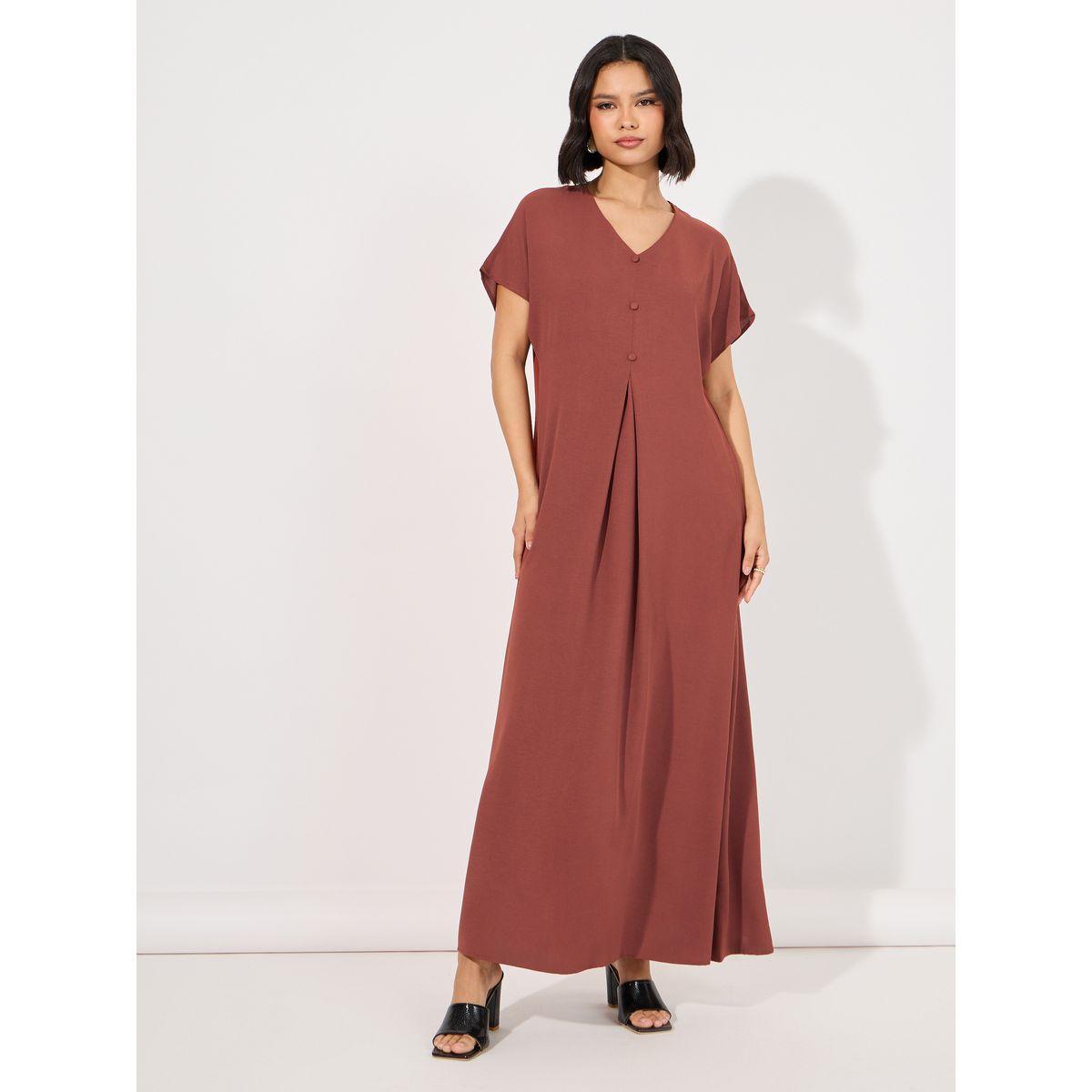 Styli V Neck Button Detail Under Abaya Dress-women-arabicclothing-jalabiyas-image-1
