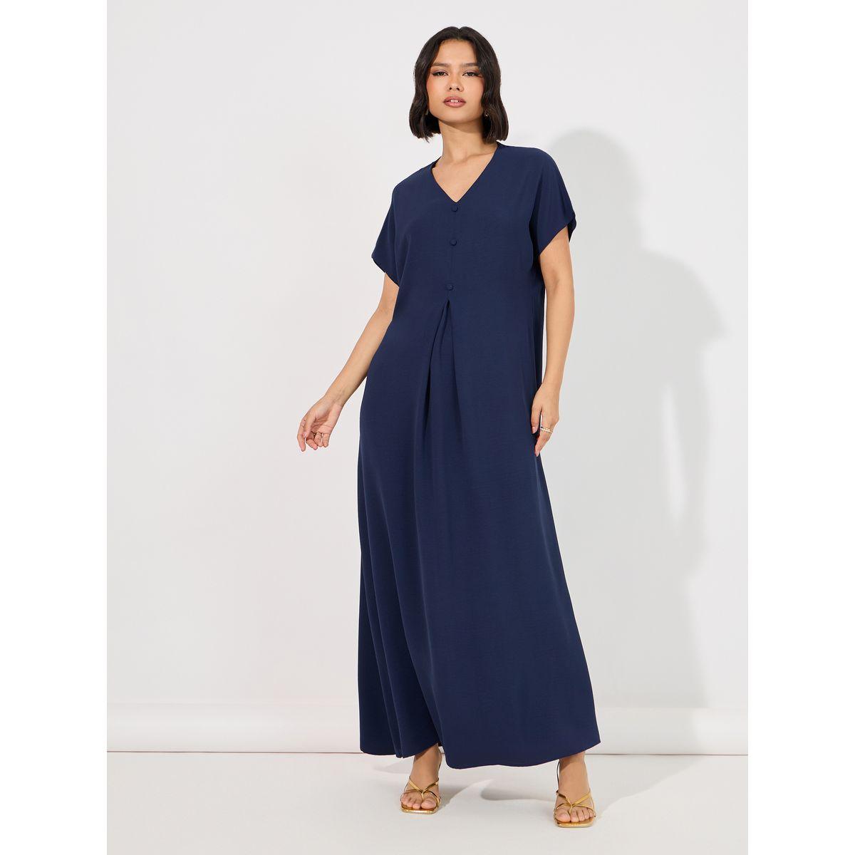 Styli V Neck Button Detail Under Abaya Dress-women-arabicclothing-jalabiyas-image-1