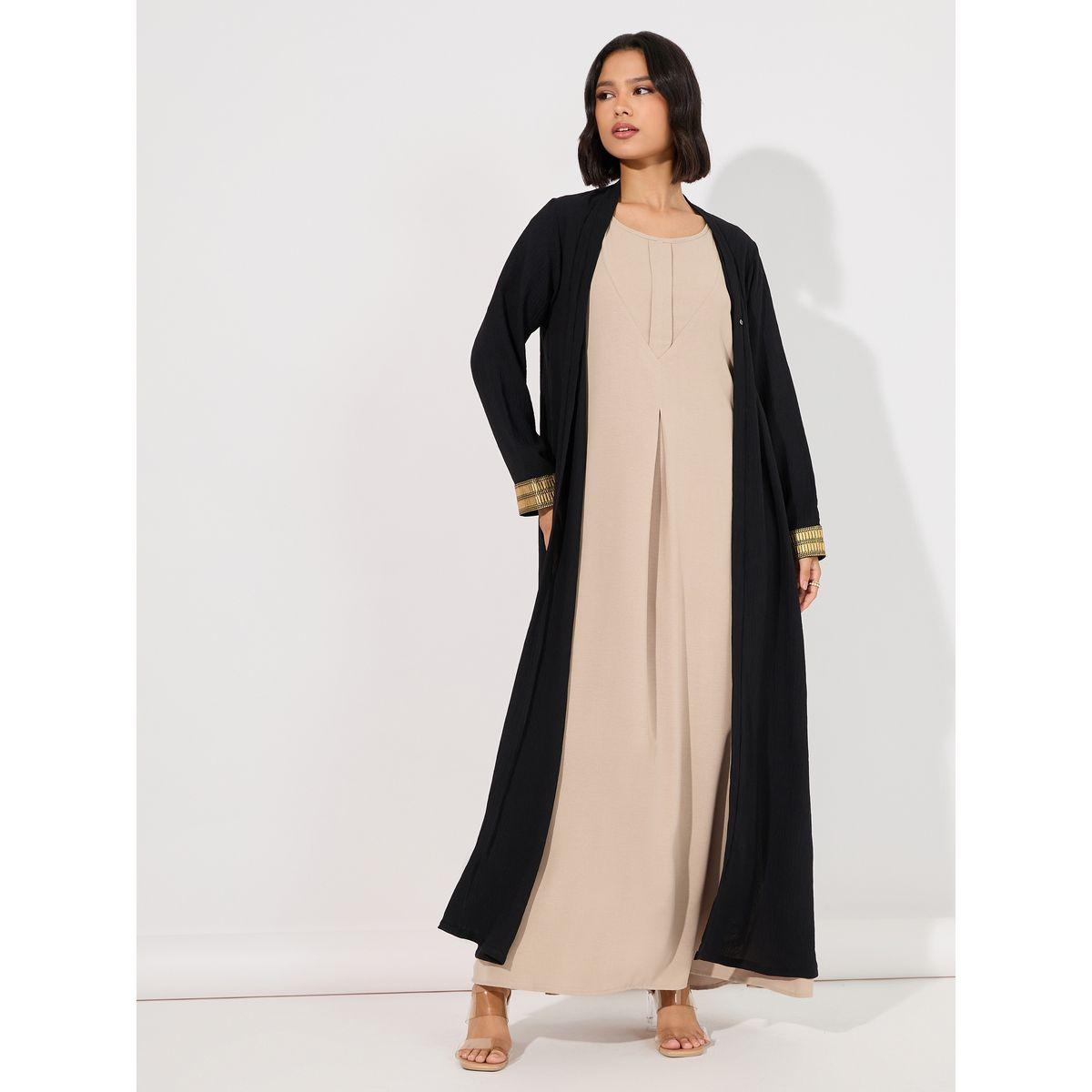 فستان طويل سادة مزين بكسرات-women-arabicclothing-jalabiyas-image-2