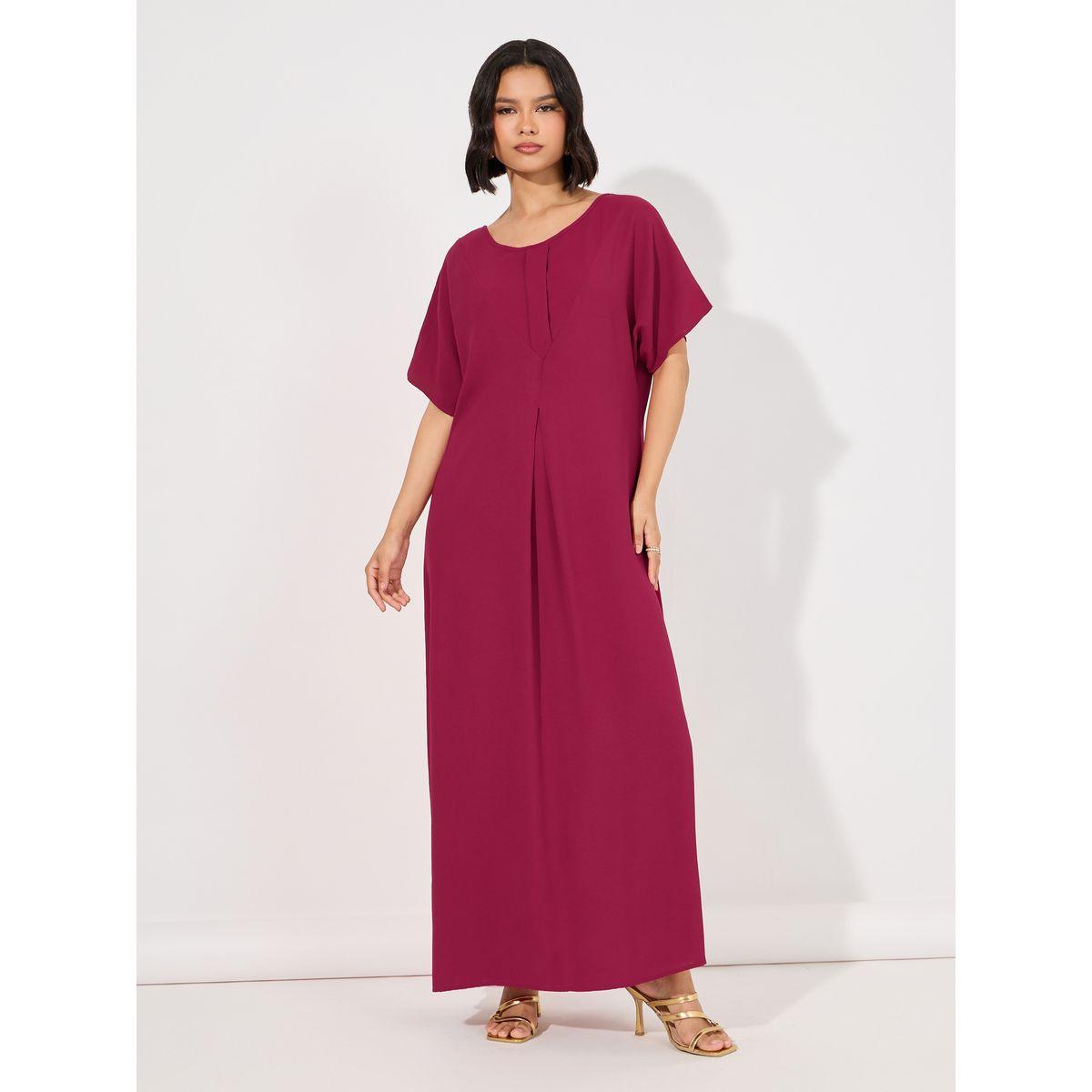 فستان طويل سادة مزين بكسرات-women-arabicclothing-jalabiyas-image-1
