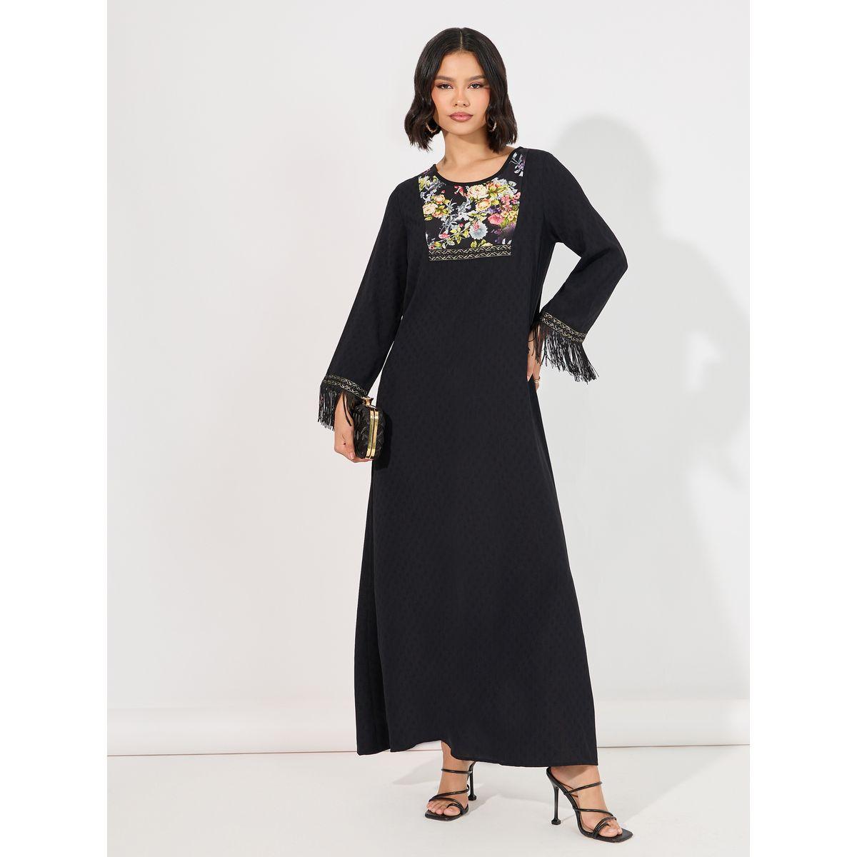 Styli Printed Panelled Jalabiya & Tassel Trim-women-arabicclothing-jalabiyas-image-1