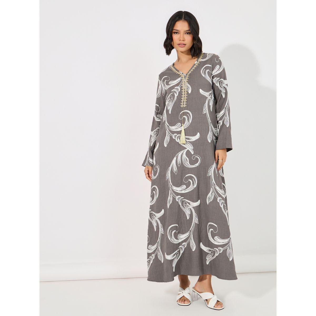 Styli All Over Embroidery Jalabiya with Gold Lace Trim-women-arabicclothing-jalabiyas-image-1