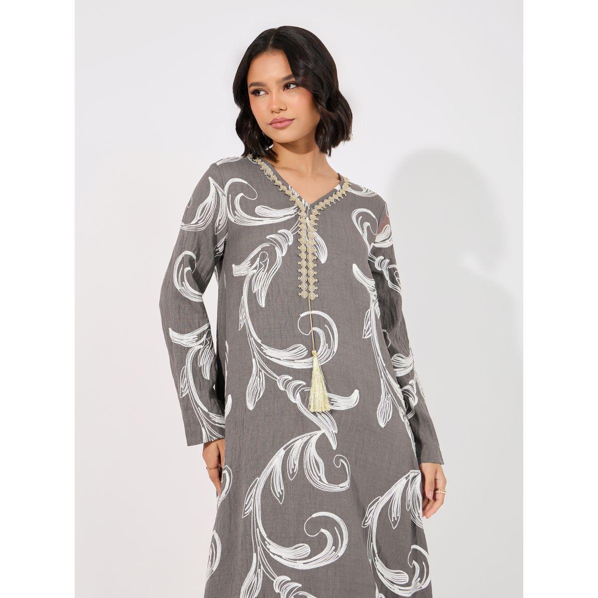 Styli All Over Embroidery Jalabiya with Gold Lace Trim-women-arabicclothing-jalabiyas-image-2