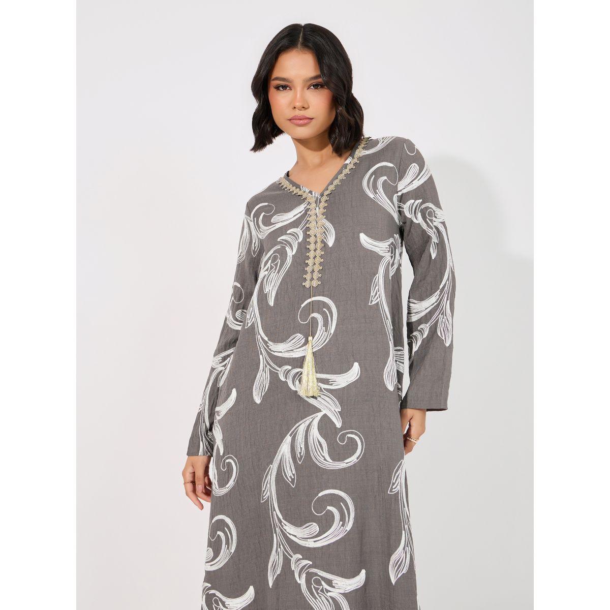 Styli All Over Embroidery Jalabiya with Gold Lace Trim-women-arabicclothing-jalabiyas-image-5