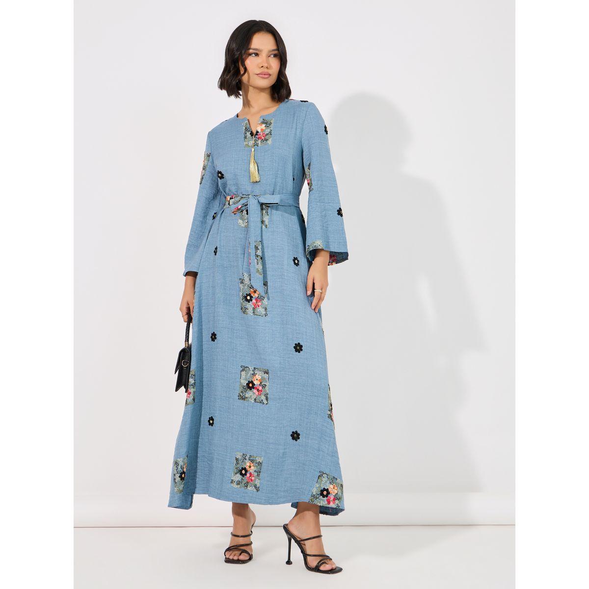 Styli Linen Look Embroidered Tassel Detail Maxi Jalabiya-women-arabicclothing-jalabiyas-image-1